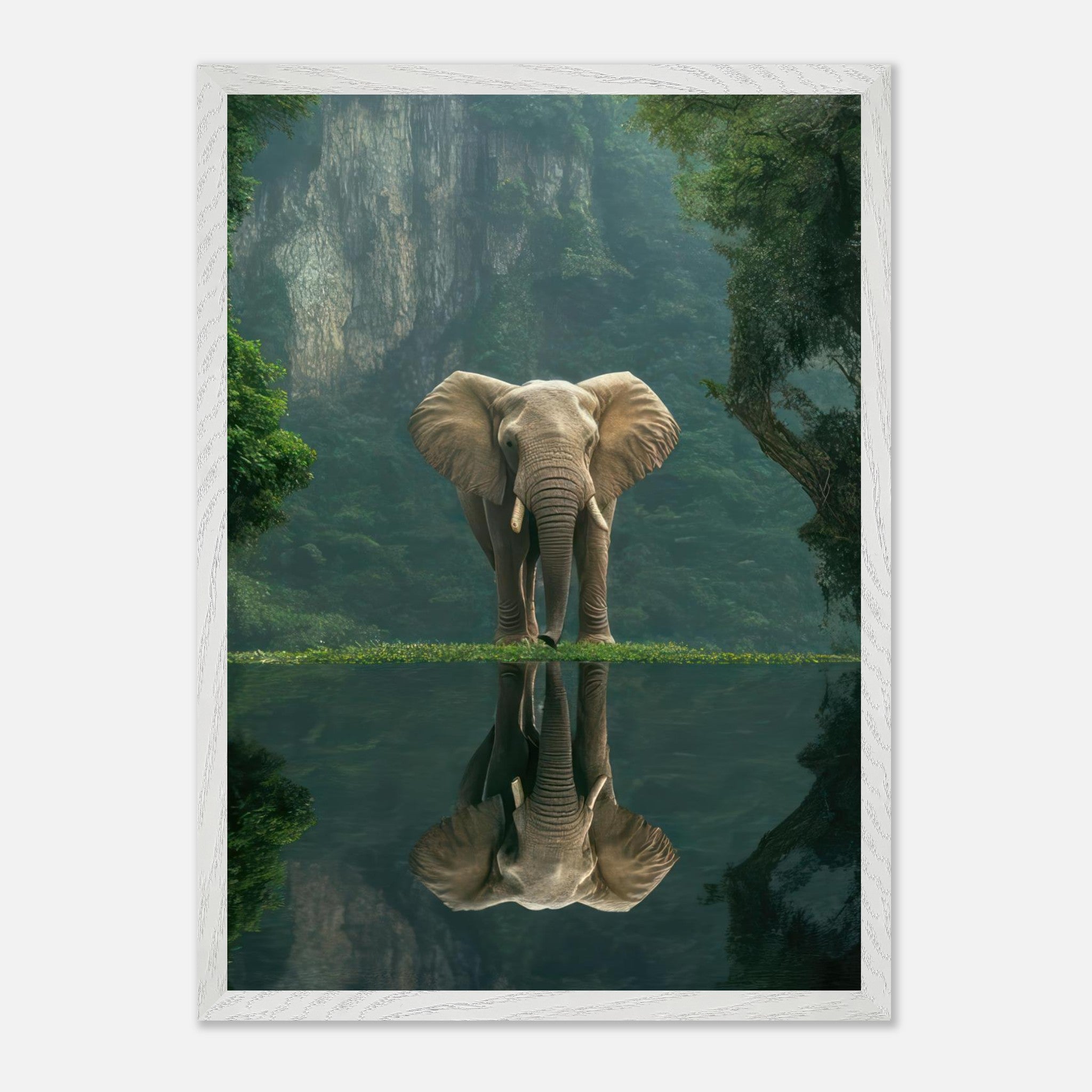 Jungle Elephant Portrait Vintage Framed Print with serene reflection in lush misty forest backdrop