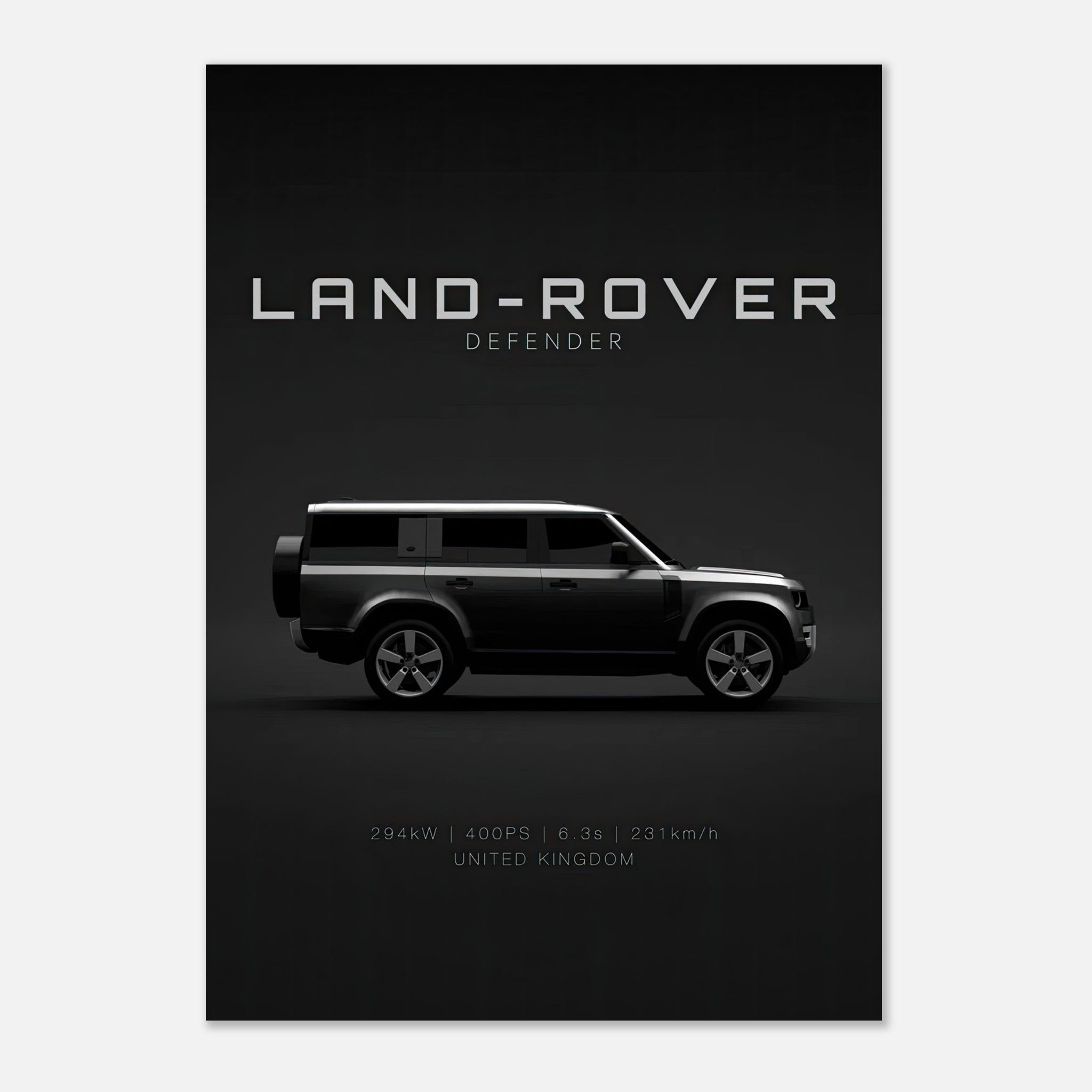 Land Rover Defender poster showcasing the iconic vehicle on a dark backdrop, perfect for auto enthusiasts.