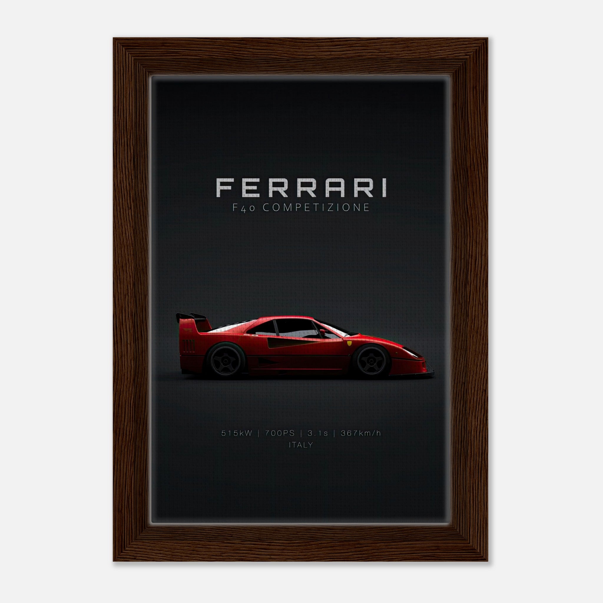 Framed canvas of Ferrari F40 Competizione showcasing its sleek design against a minimalist black background.