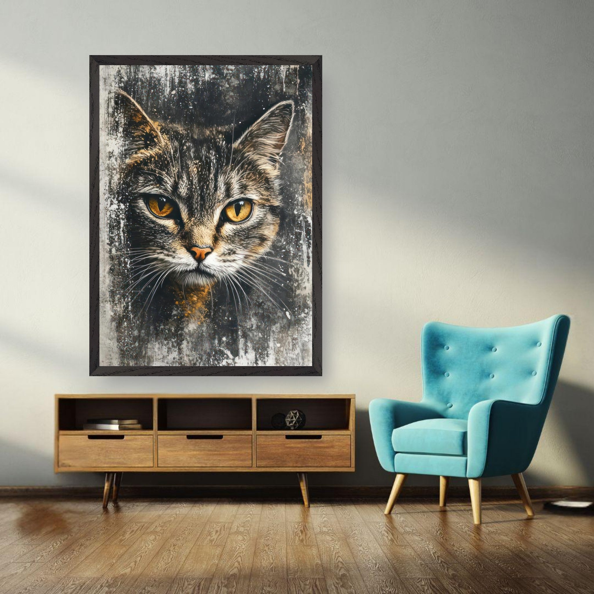 Cat painting artwork featuring piercing golden eyes, displayed in a stylish living room setting.