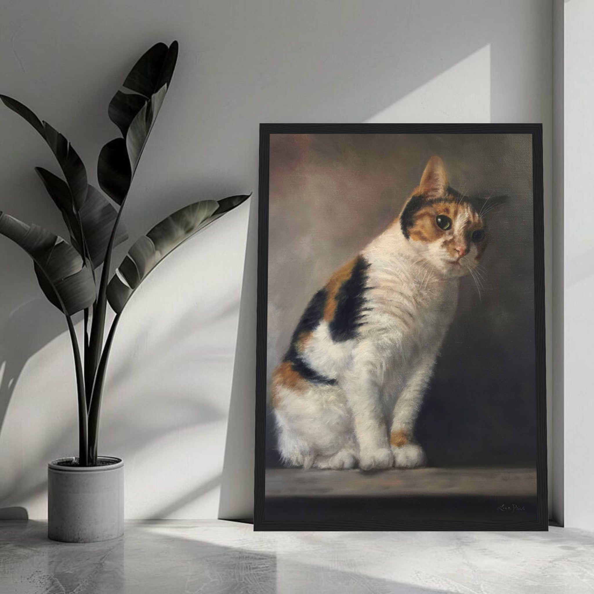 Realistic cat portrait painting framed print showcasing a lifelike cat with detailed expression in home decor.