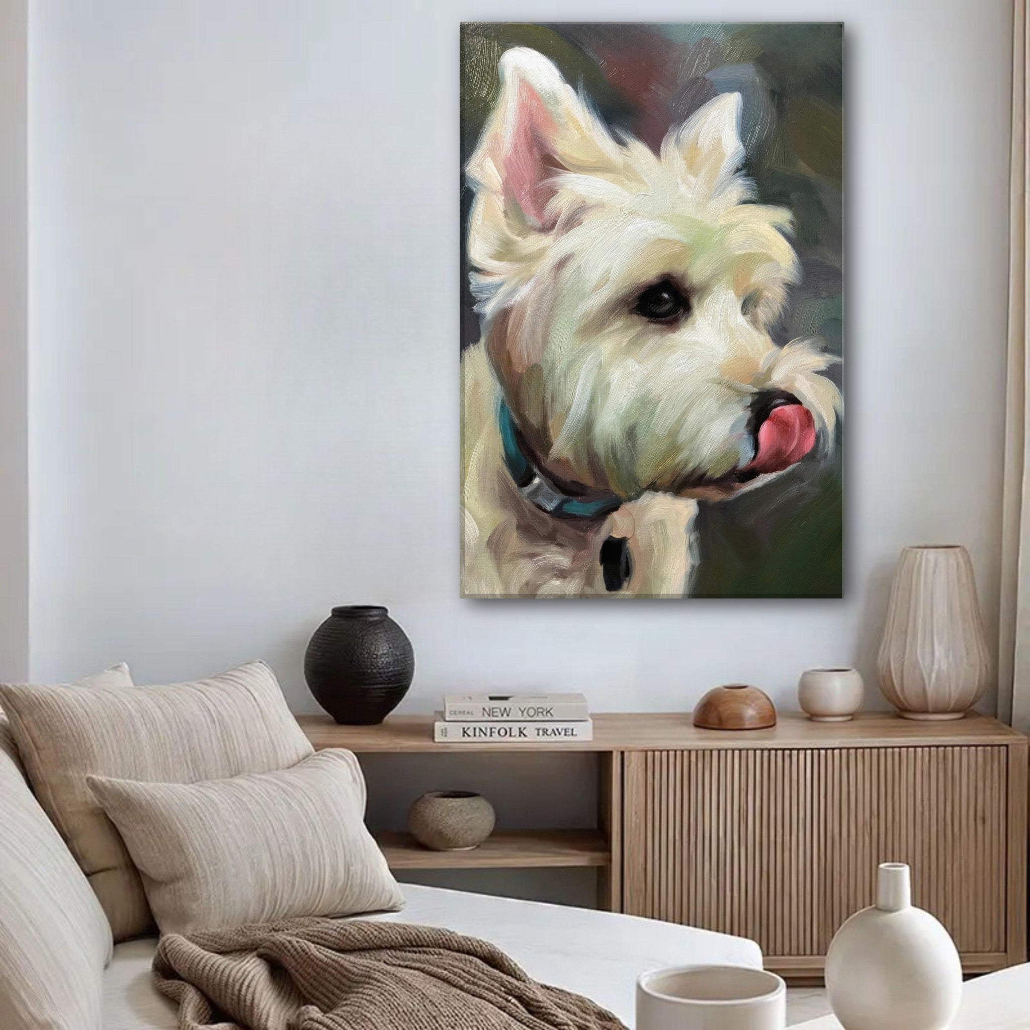 Lifelike Westie dog painting canvas print in a stylish living room setting.