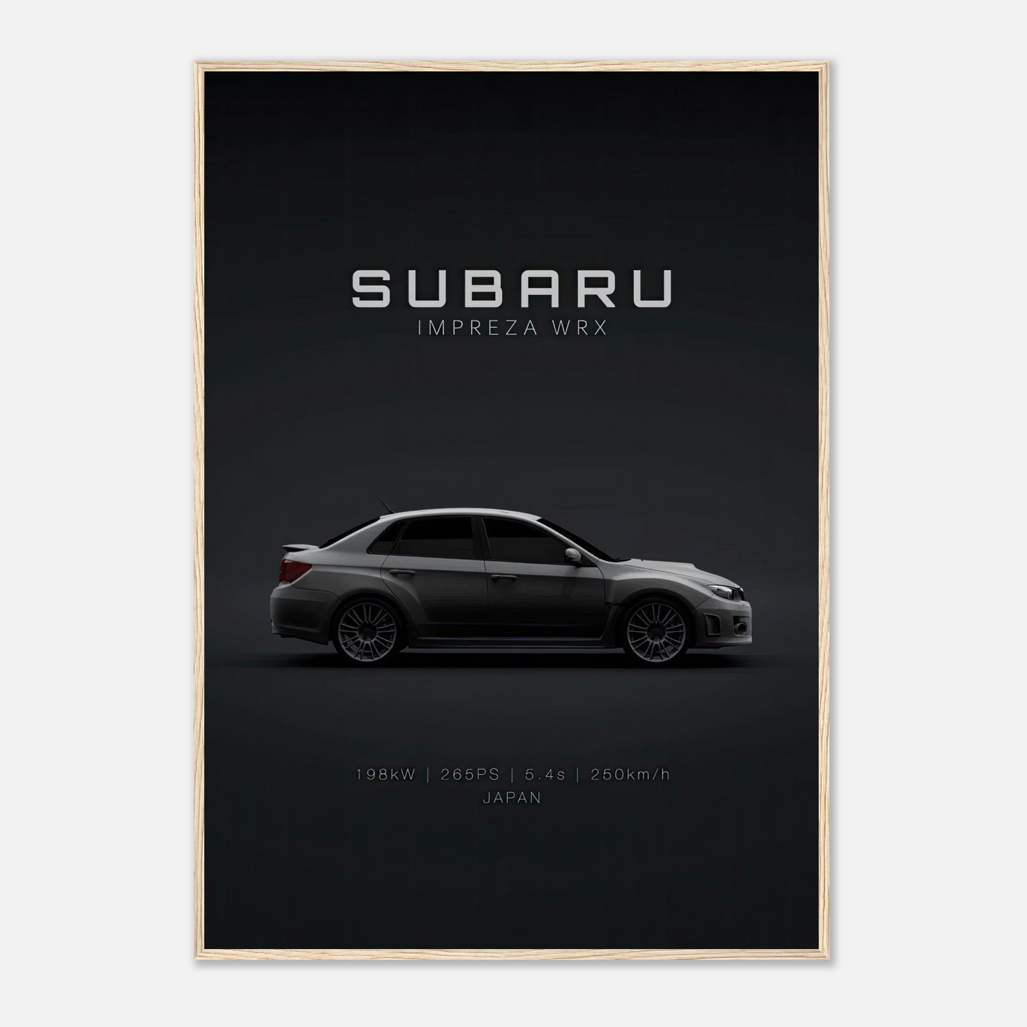 Framed poster of Subaru Impreza WRX featuring sleek design and performance details on dark background.