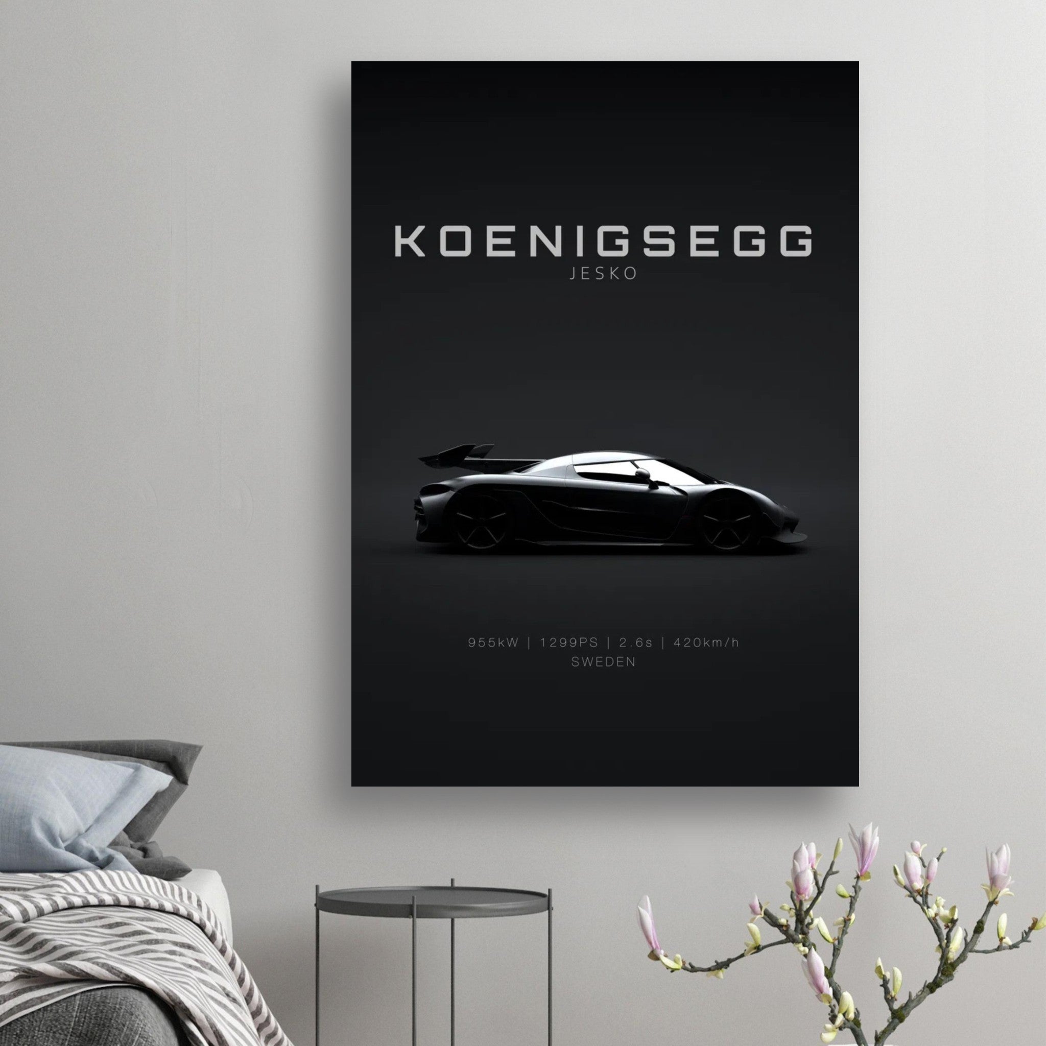 Koenigsegg Jesko poster featuring sleek car silhouette on a minimalist black background, perfect for automotive art.