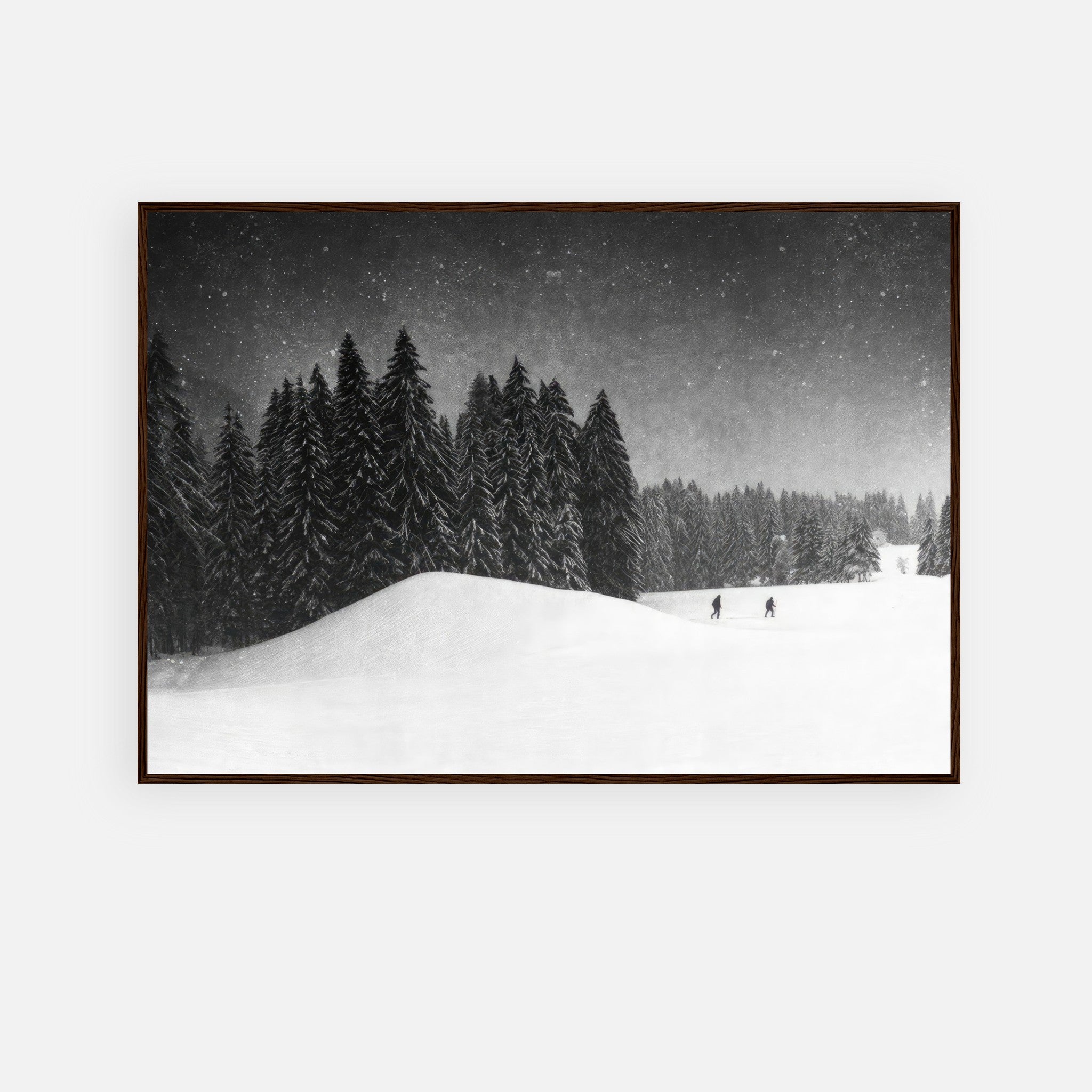 Winter Crossing framed print featuring a serene snow-covered forest scene with towering evergreens and skiers.
