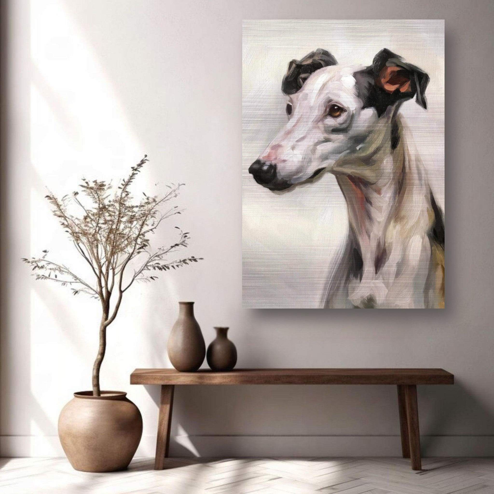 Stunning Greyhound dog painting on brushed metal displayed in modern home decor.