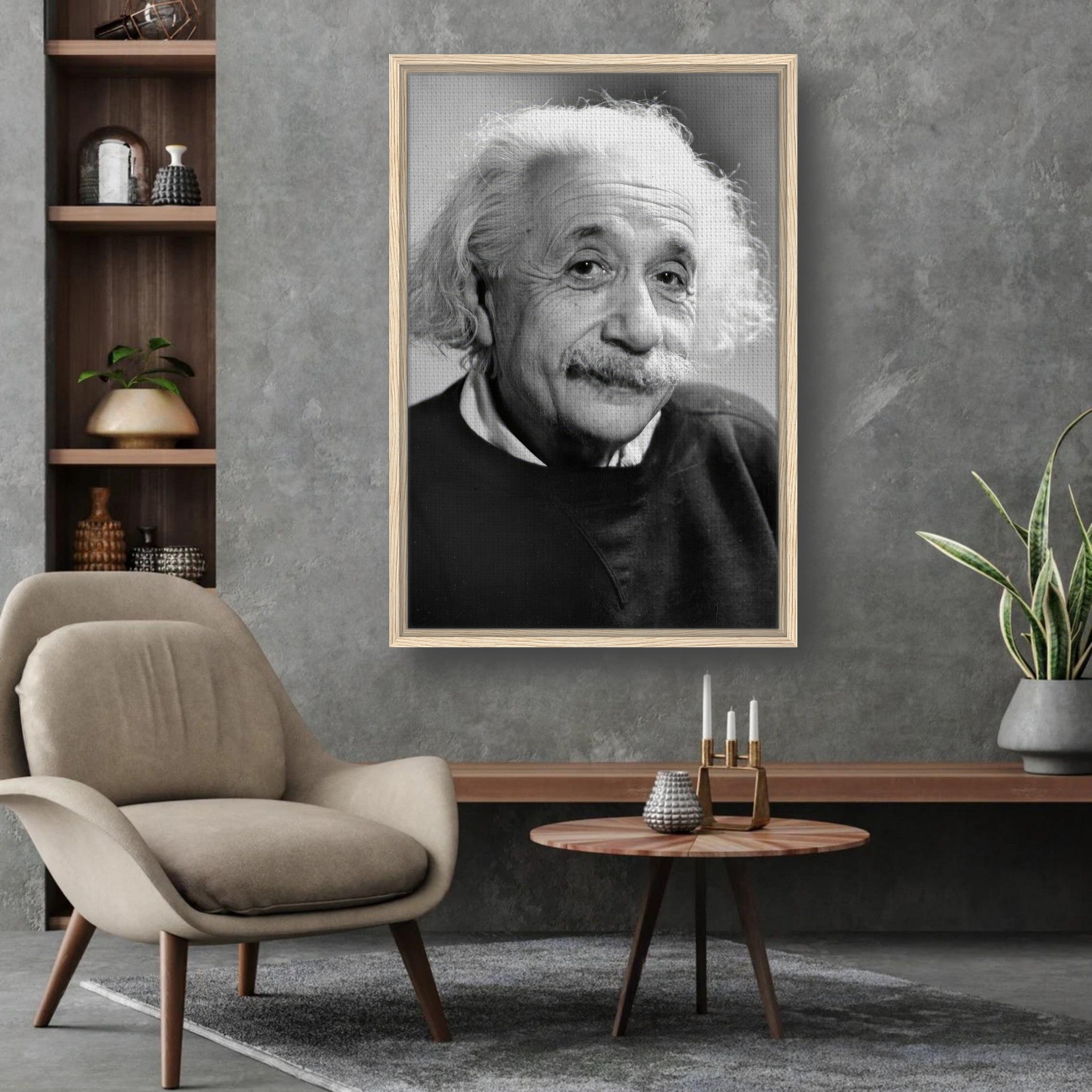 Framed black and white portrait of Albert Einstein (1946) in a modern living space.