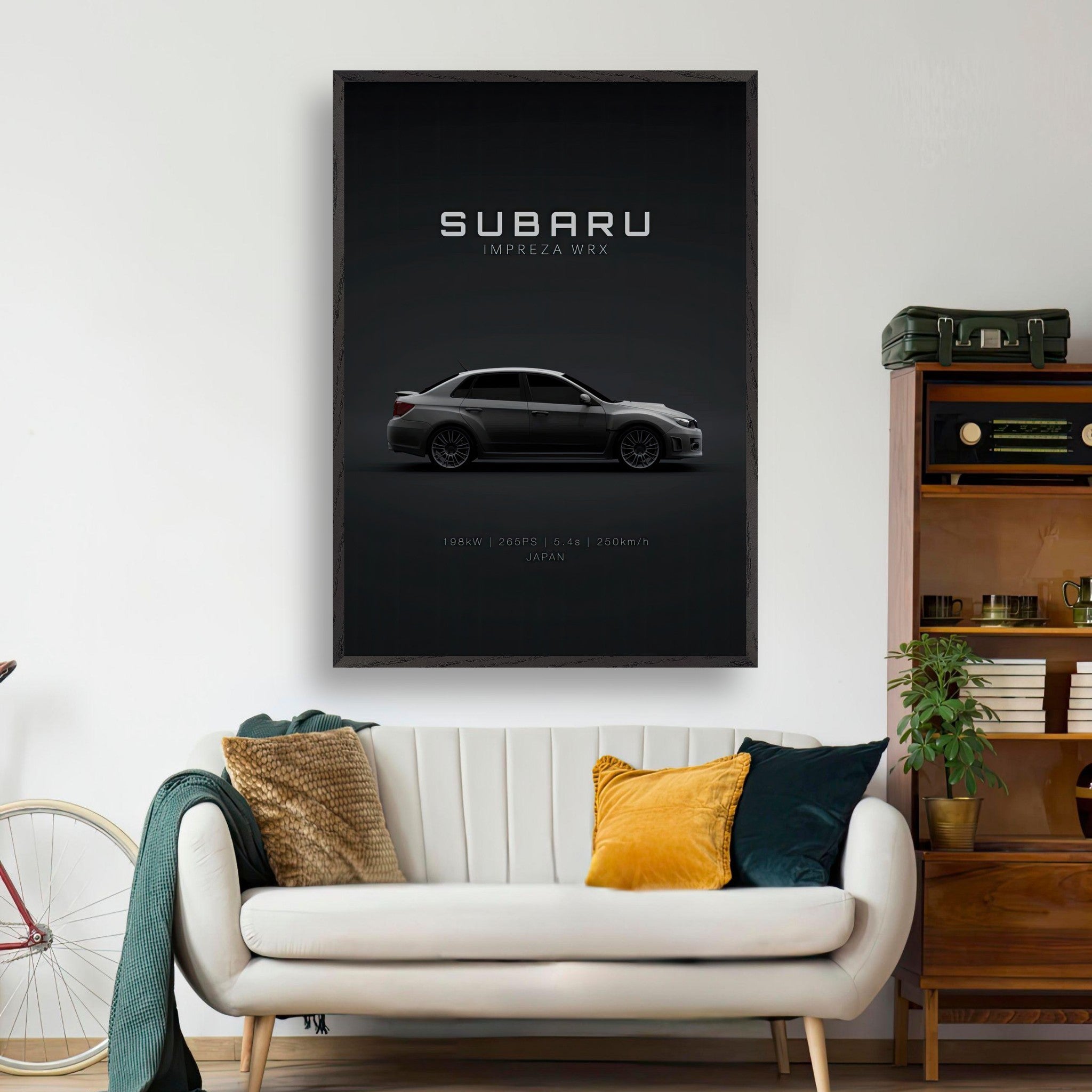 Subaru WRX vintage framed art featuring the iconic Impreza against a dark backdrop in a stylish living room.