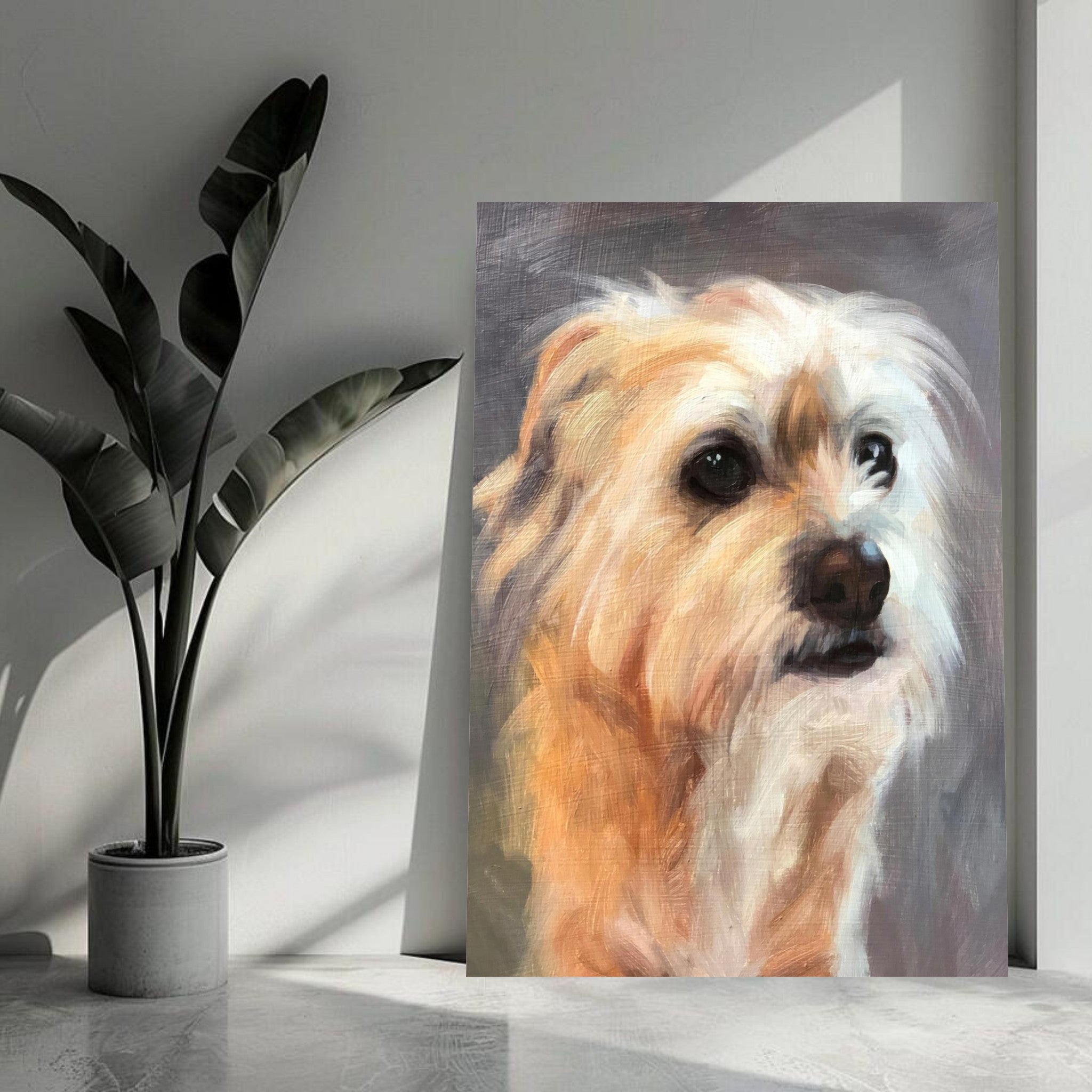 Portrait of a terrier dog painting on metal print, showcasing detailed fur and expressive eyes.