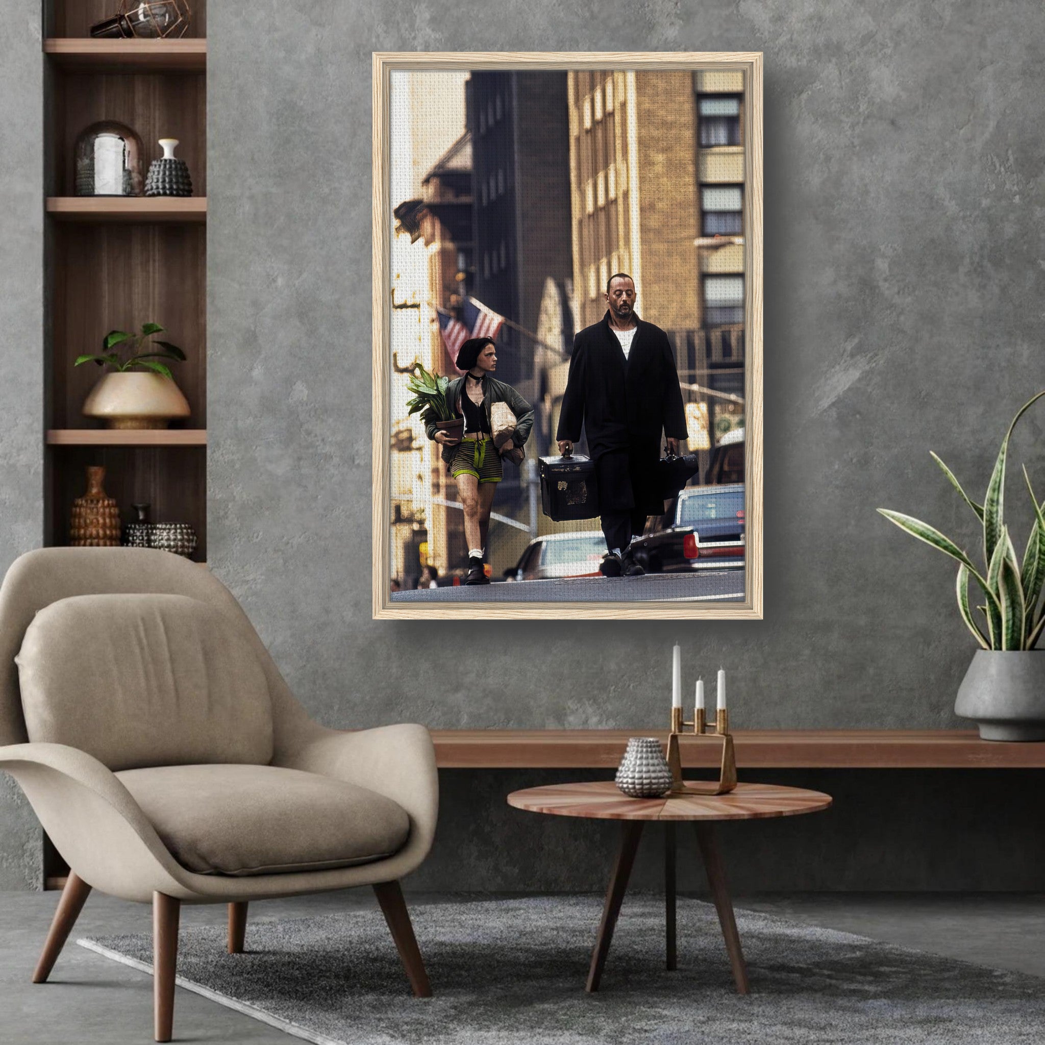 Framed canvas print featuring Jean Reno and Natalie Portman in *Leon: The Professional*, perfect for film fans.