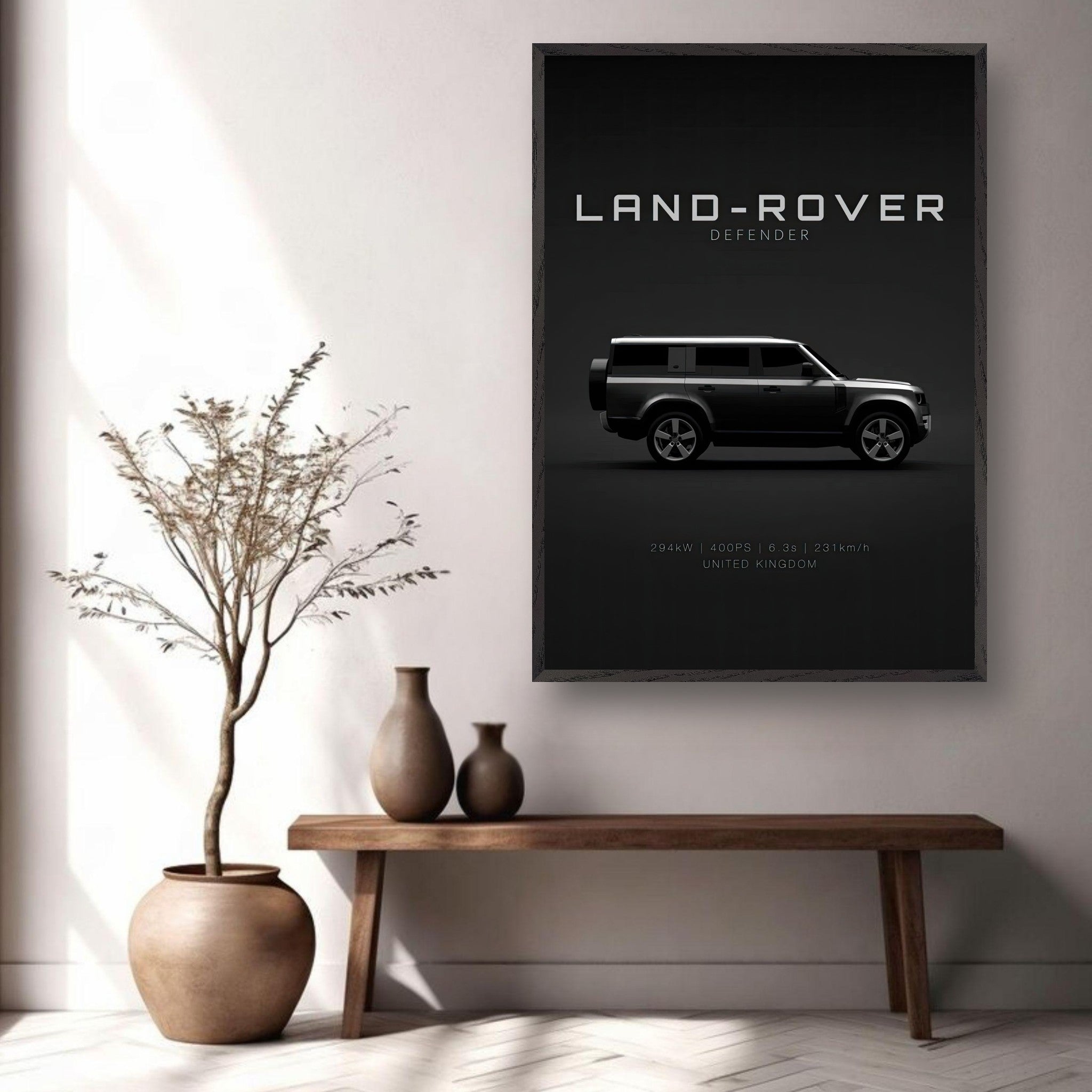 Vintage framed art of a Land Rover Defender on a wall, showcasing its iconic design in a minimalist style.