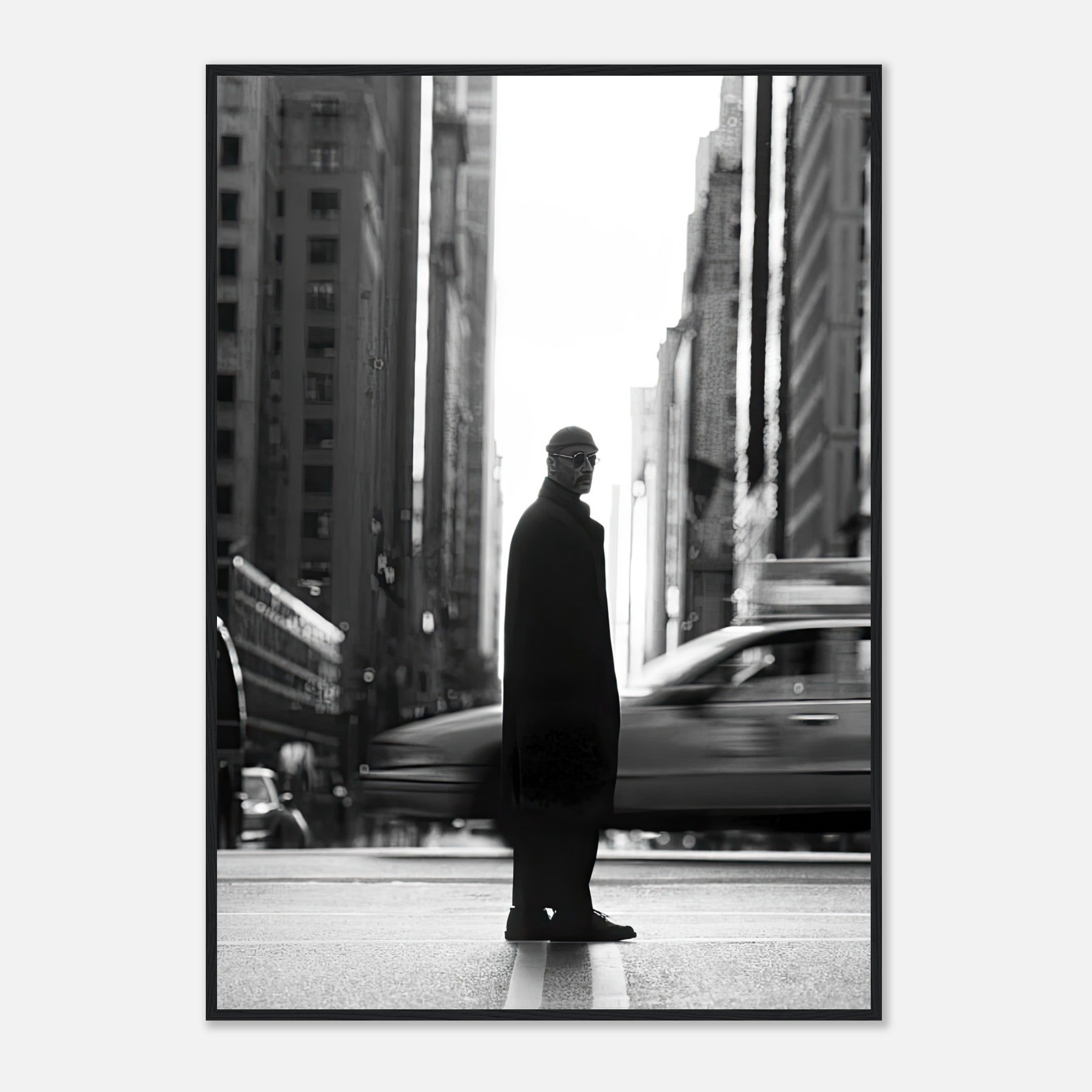 Jean Reno as Leon in black-and-white print, standing in New York street with blurred traffic.