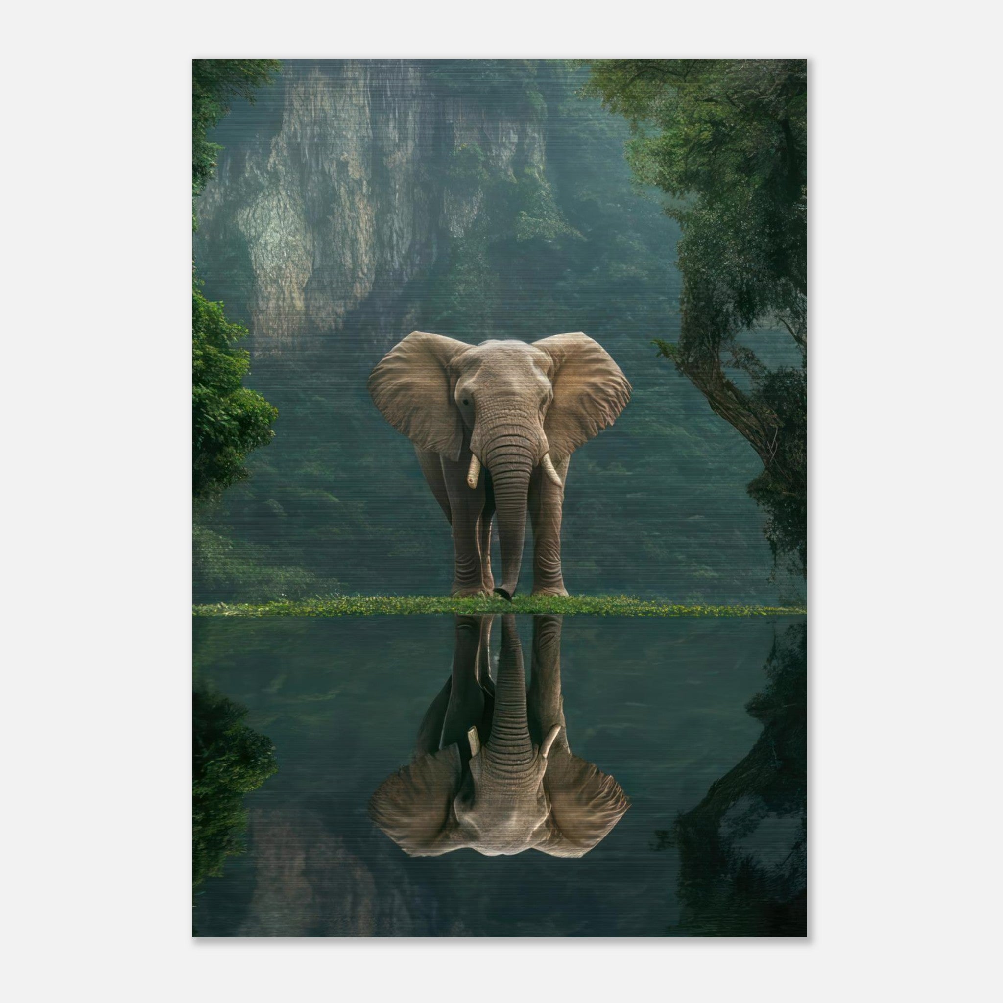 Jungle elephant portrait print on brushed metal, reflecting serenity in nature's beauty.