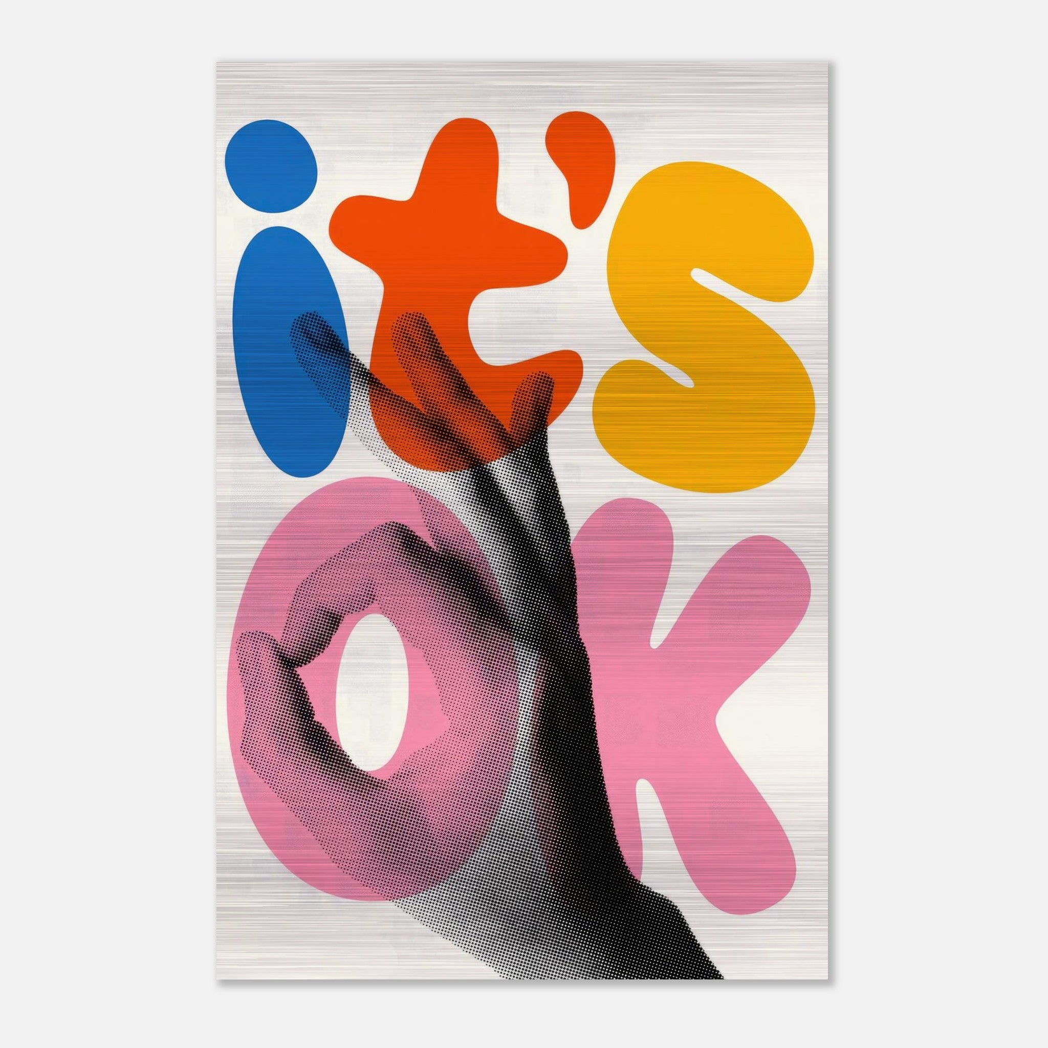 Retro abstract pop art print with vibrant colors and hand gesture, featuring the phrase 'it's OK' in bold typography.