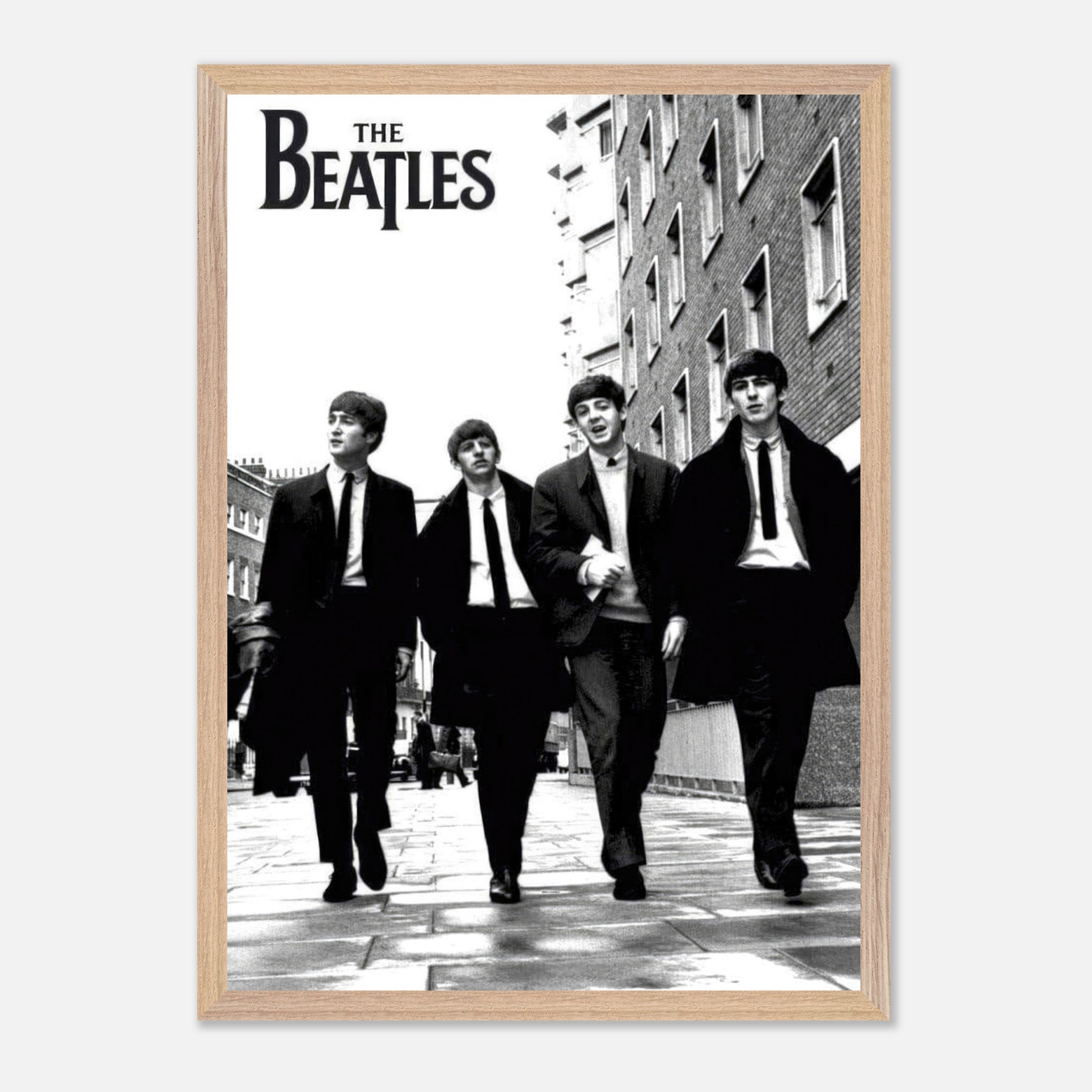 The Beatles black and white photo, fine art museum quality print, iconic band walking in the city.