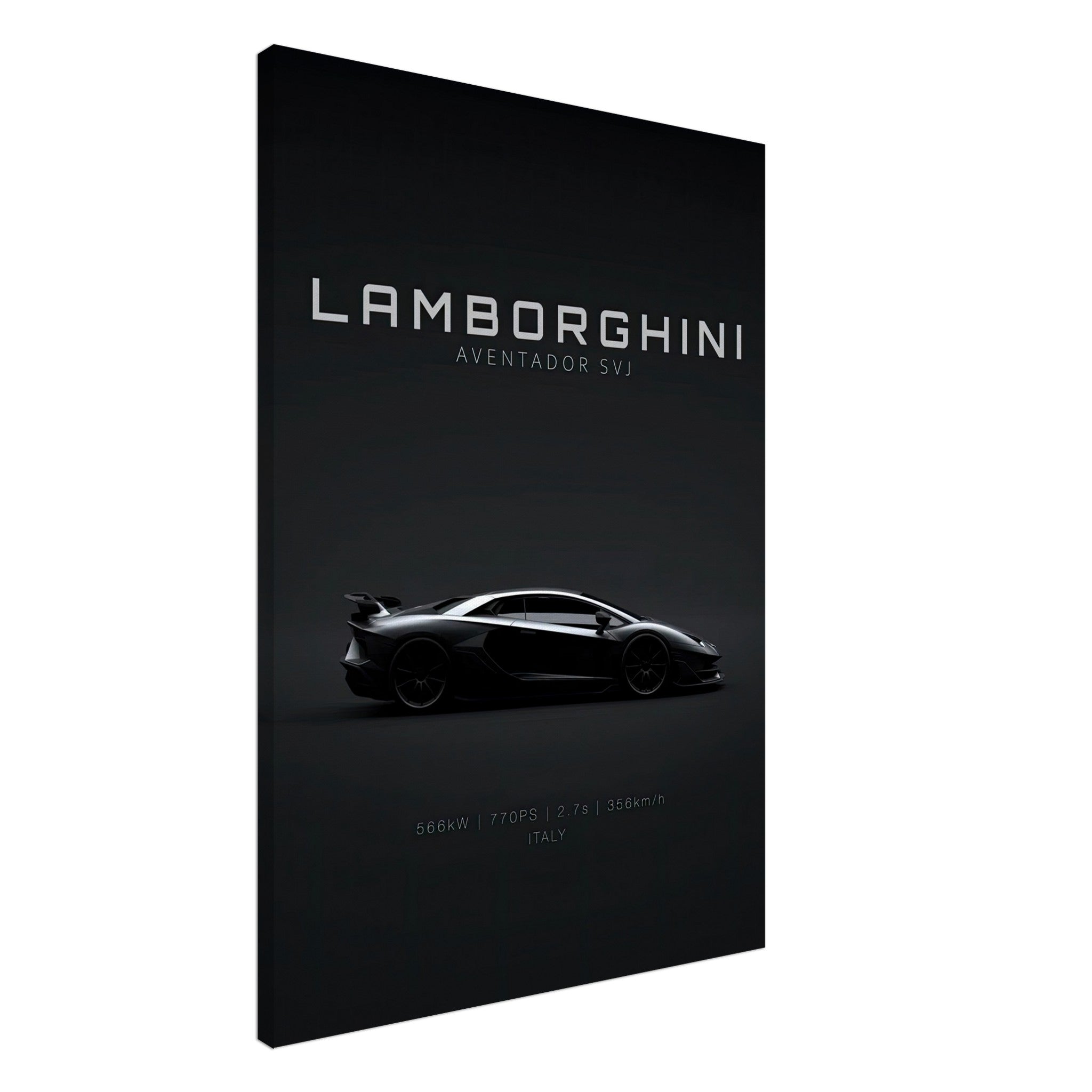 Lamborghini Aventador SVJ canvas wall art showcasing sleek design on a minimalist black background.