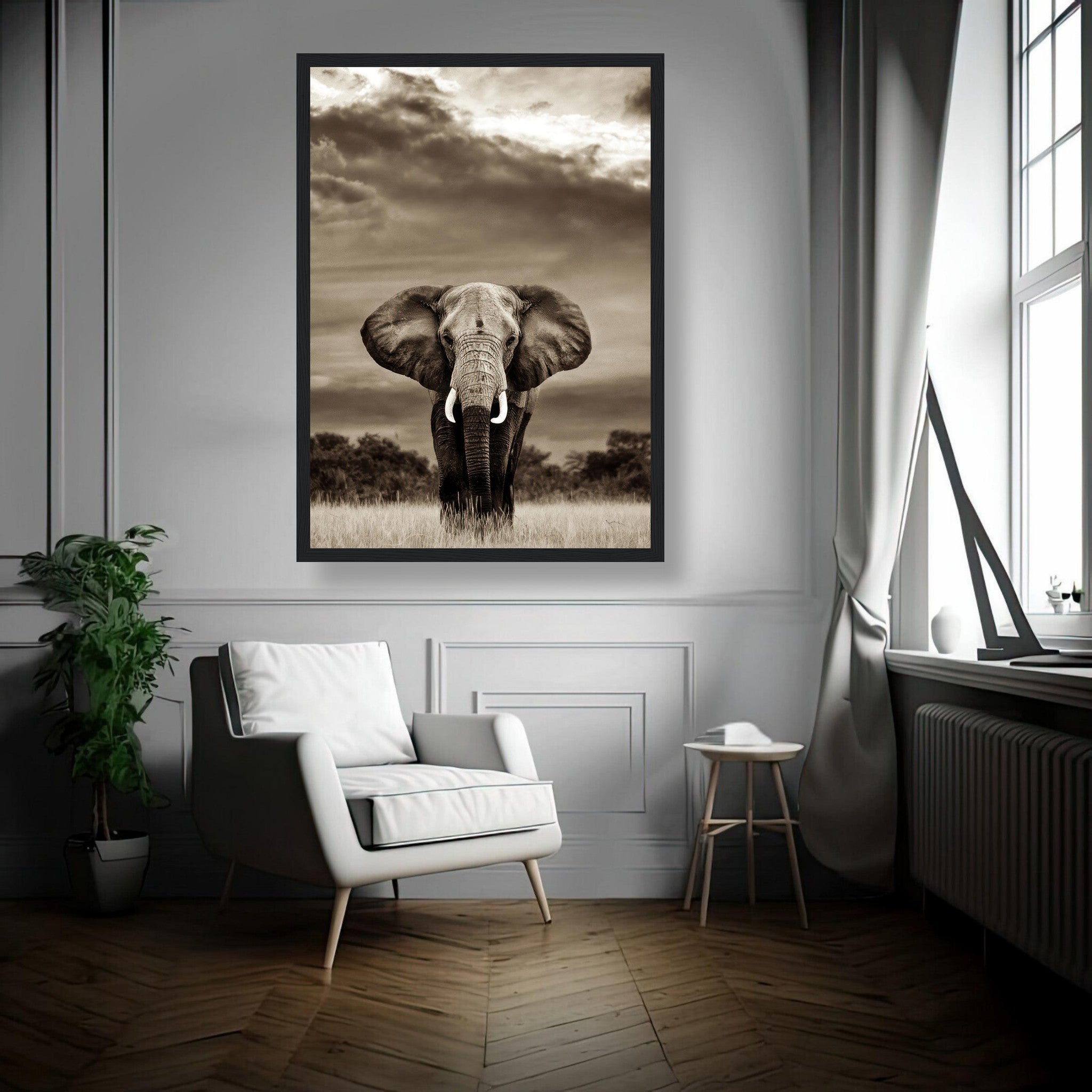Framed elephant portrait photography in a stylish living room showcasing elegance and strength.