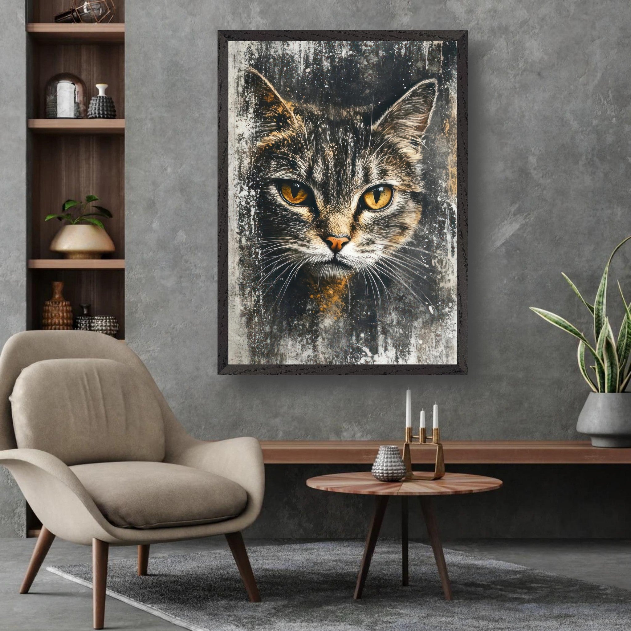 Cat painting artwork featuring a majestic feline with golden eyes, displayed in a stylish interior setting.