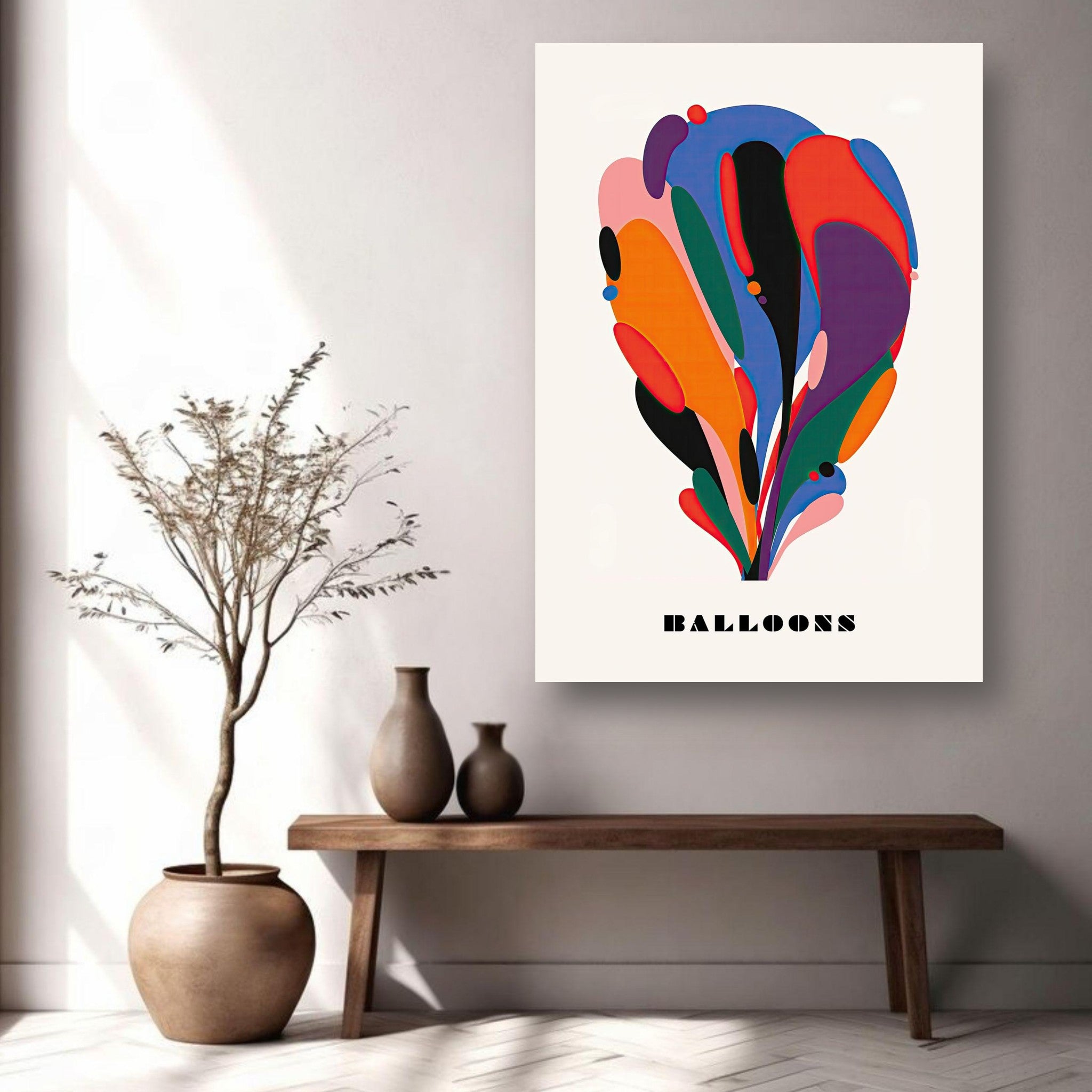 Abstract Balloon Art metal print showcasing vibrant colors and fluid shapes, perfect for modern home decor.