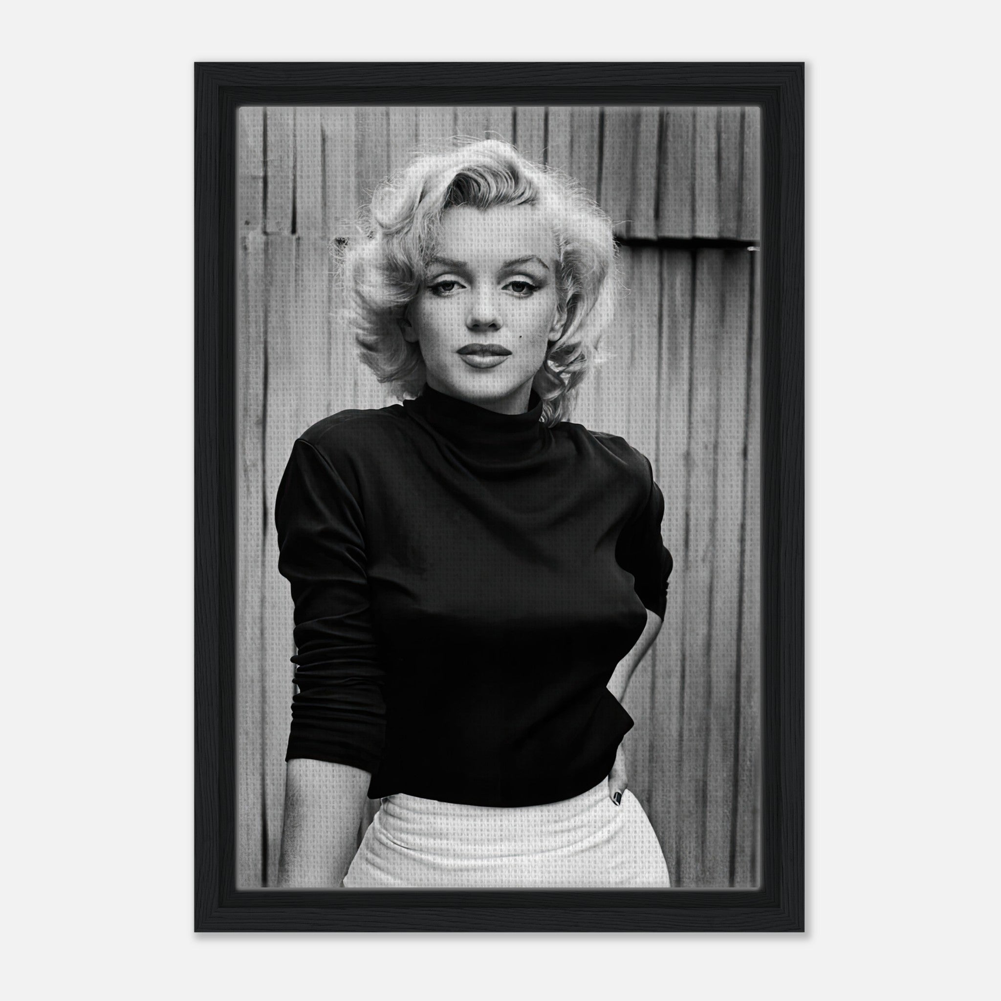 Marilyn Monroe black-and-white portrait framed canvas print, showcasing timeless beauty and elegance, ideal for home decor.
