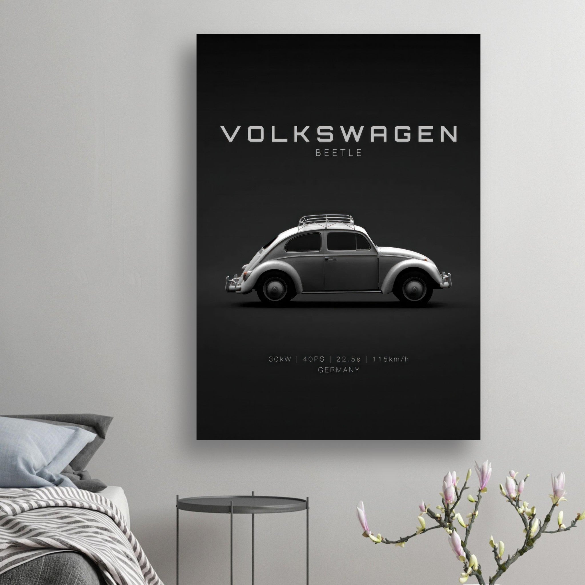 Volkswagen Beetle poster featuring classic car design on minimalist dark background for vintage decor enthusiasts.