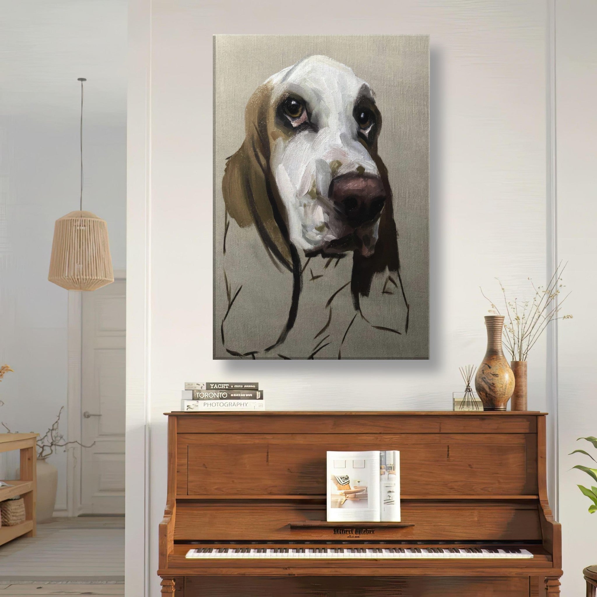 Basset Hound dog painting canvas print displayed in a stylish home interior, enhancing modern decor.