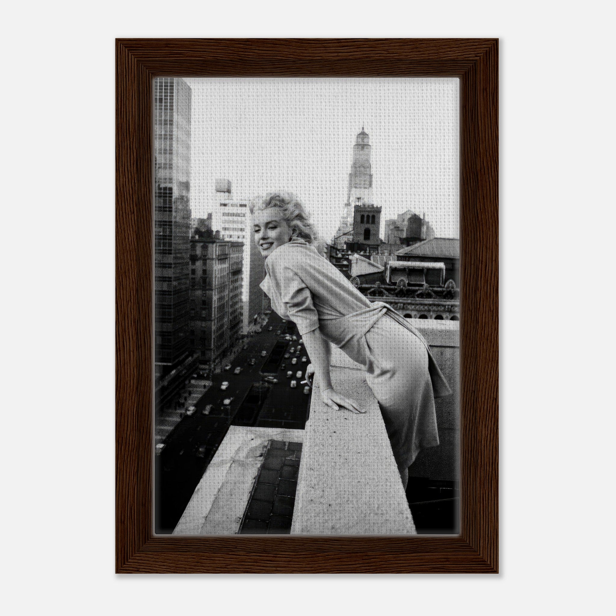 Black-and-white canvas of Marilyn Monroe on a New York rooftop, framed elegantly, showcasing classic Hollywood charm.