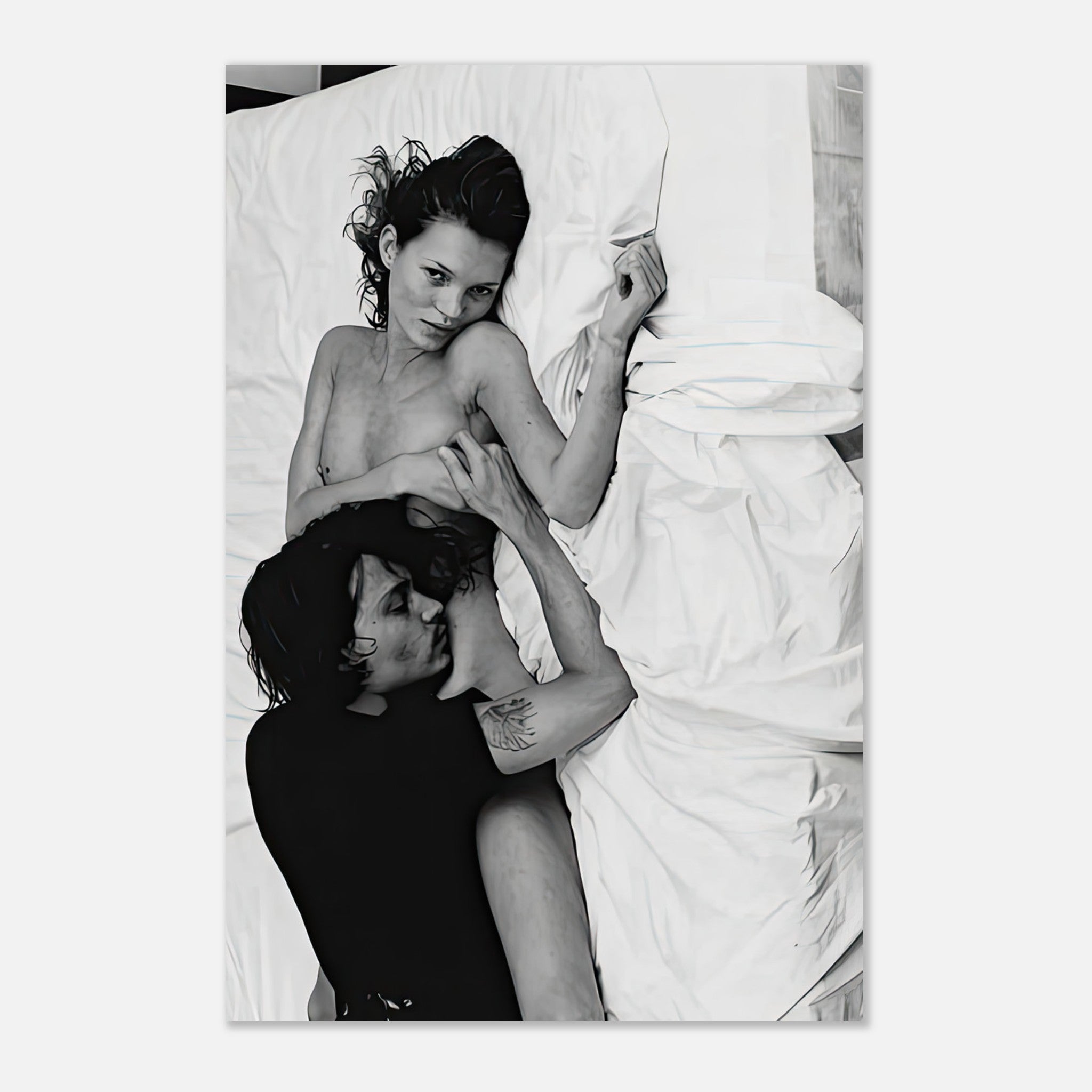 Kate Moss and Johnny Depp black-and-white metal print from 1994, capturing 90s romance and youthful glamour.