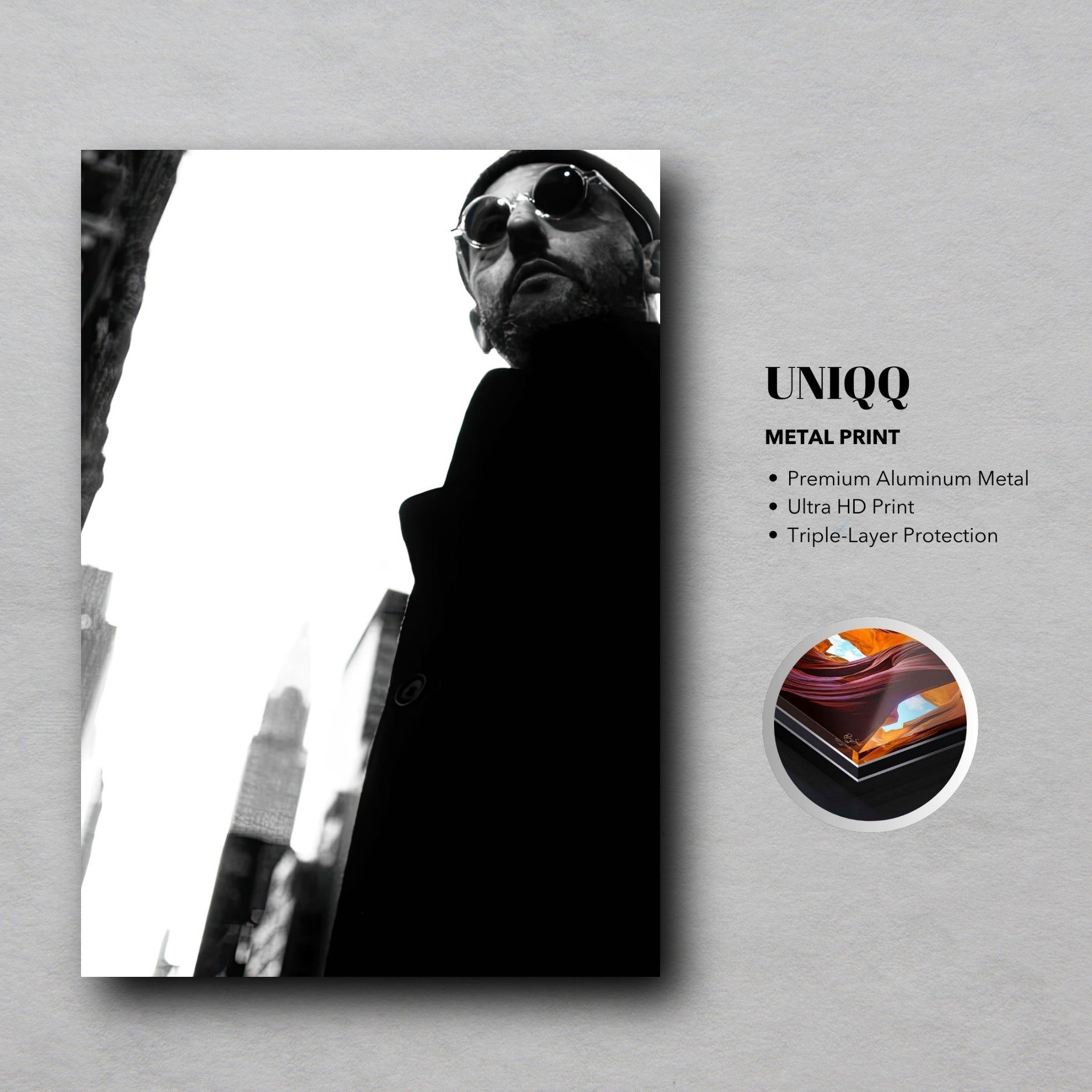 Leon Photography metal print of Jean Reno showcasing a bold monochrome design and sleek modern appeal.