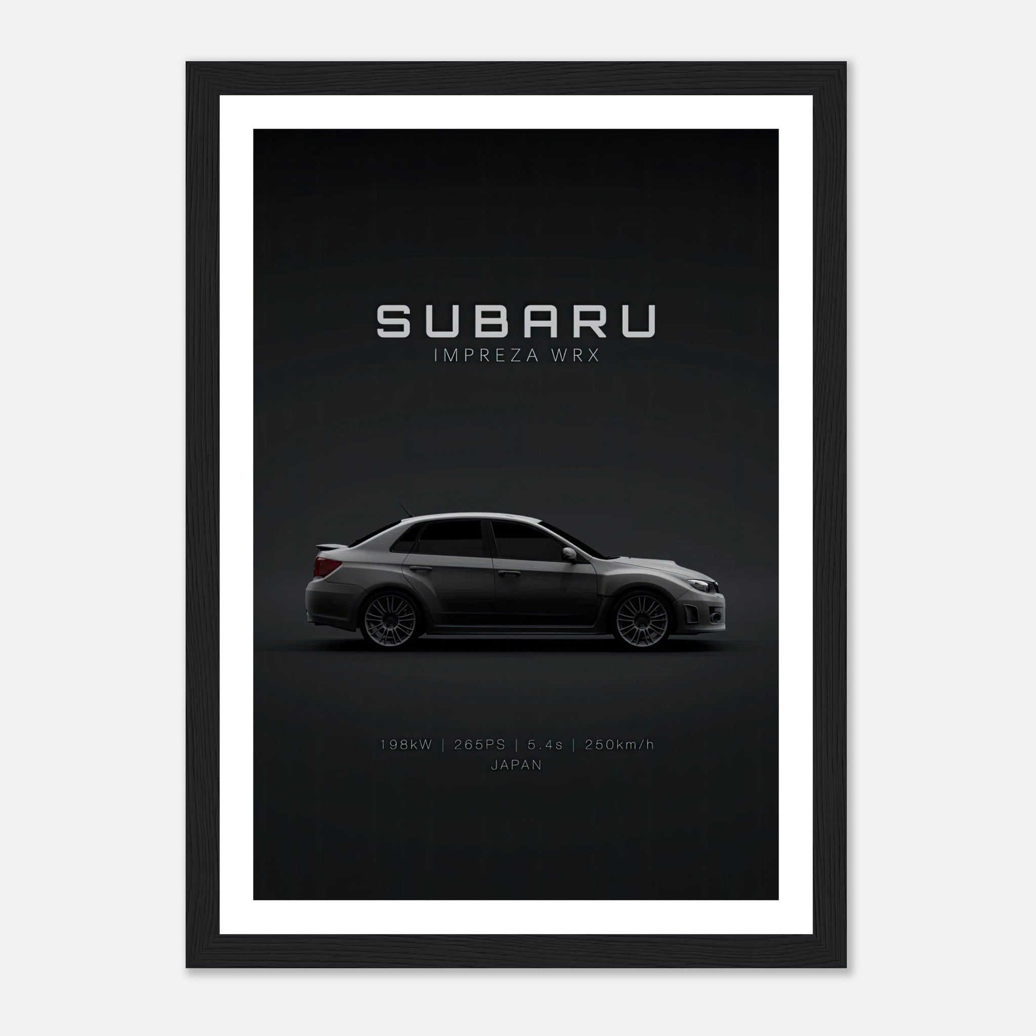 Framed poster of the Subaru Impreza WRX showcasing sleek design and performance details.