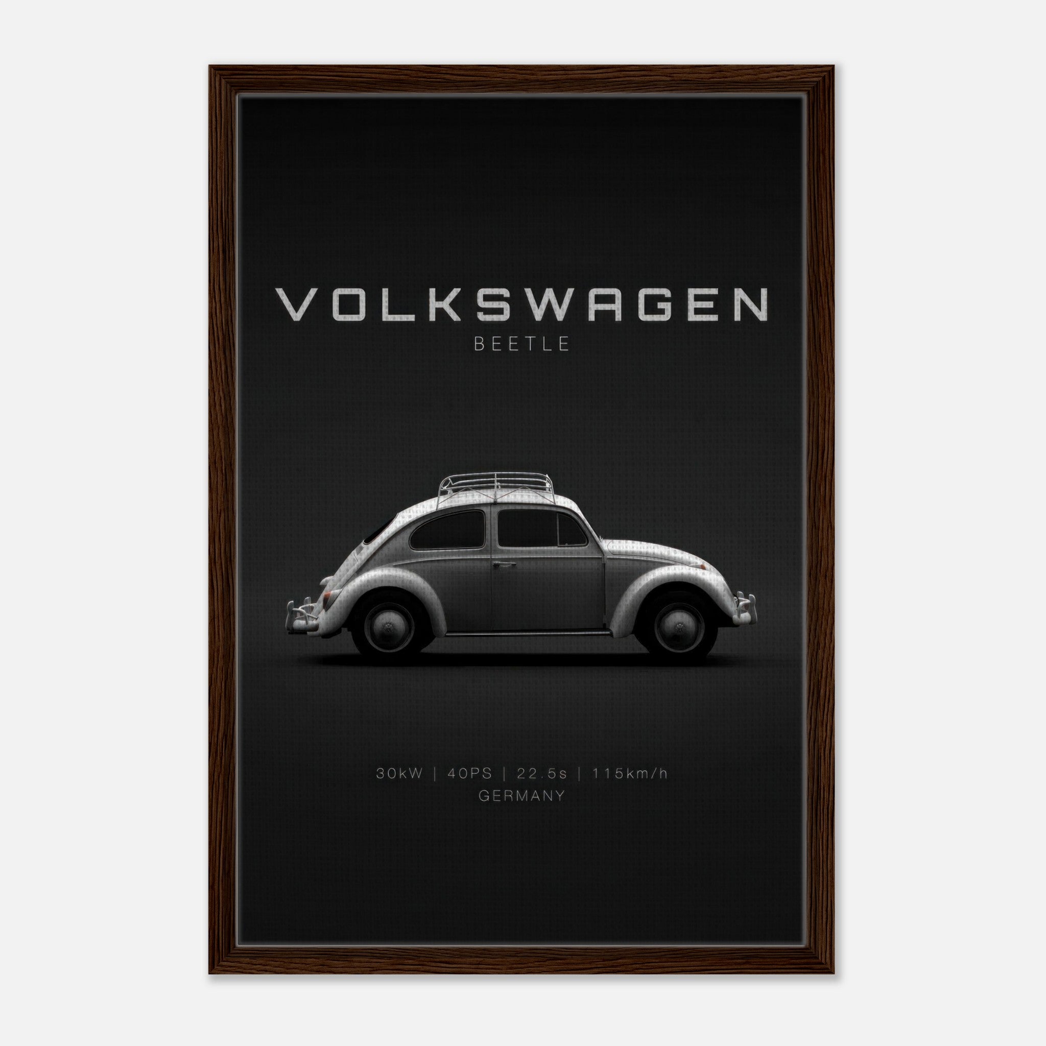 Framed canvas artwork of a classic Volkswagen Beetle on a sleek black background, showcasing vintage automotive design.