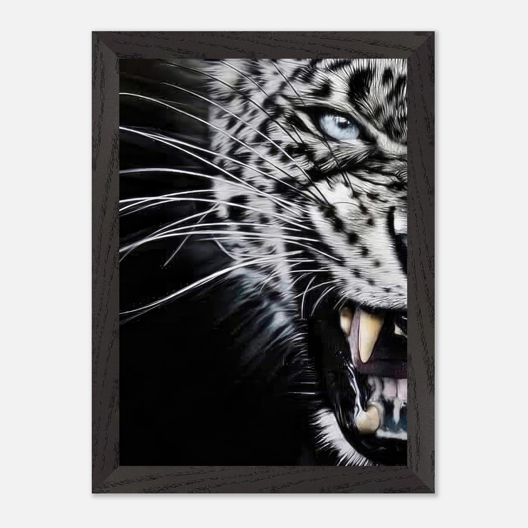 Leopard close-up portrait vintage framed print showcasing fierce blue eyes and sharp fangs.