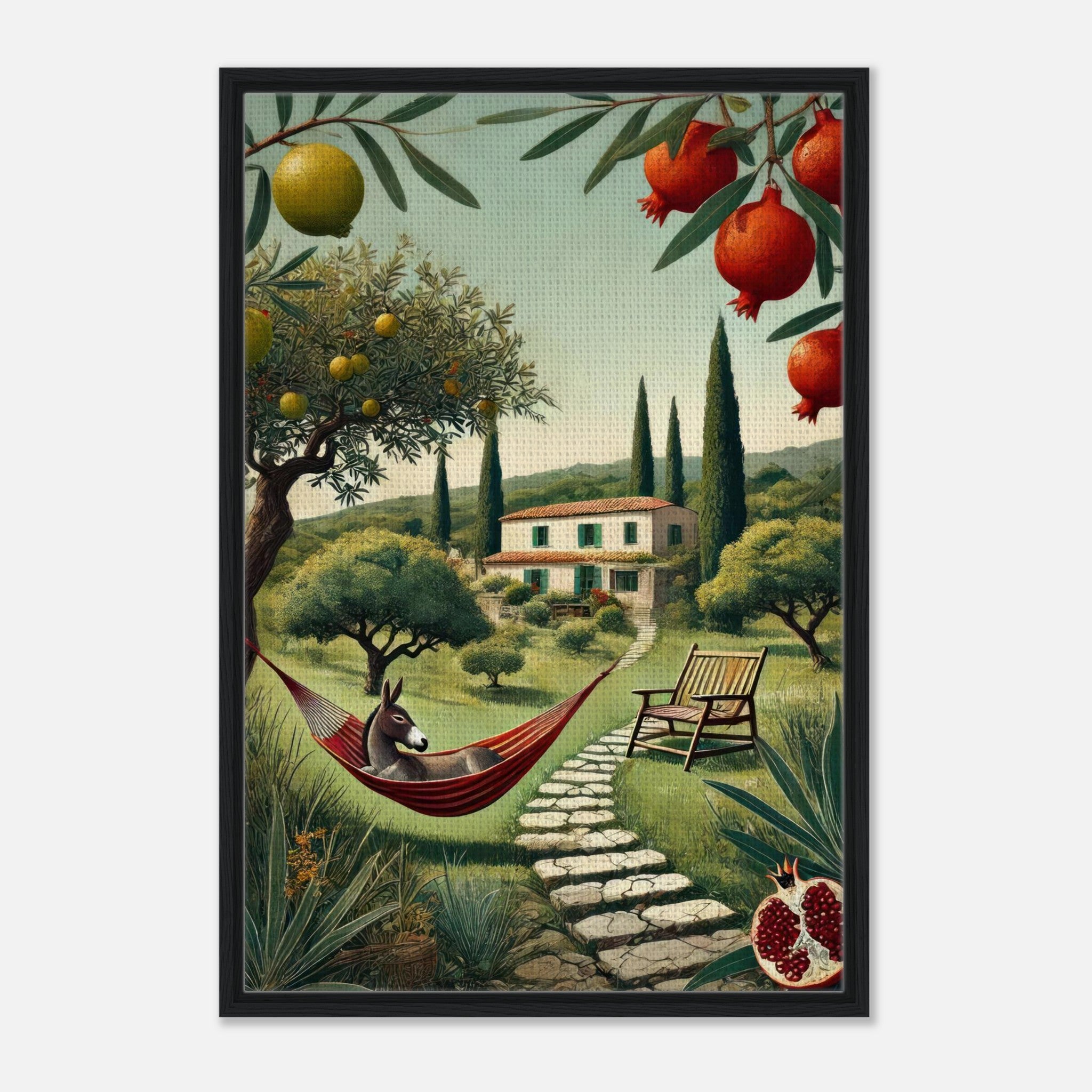 Framed canvas print of a Mediterranean landscape with a donkey in a hammock, surrounded by olive trees and a farmhouse.