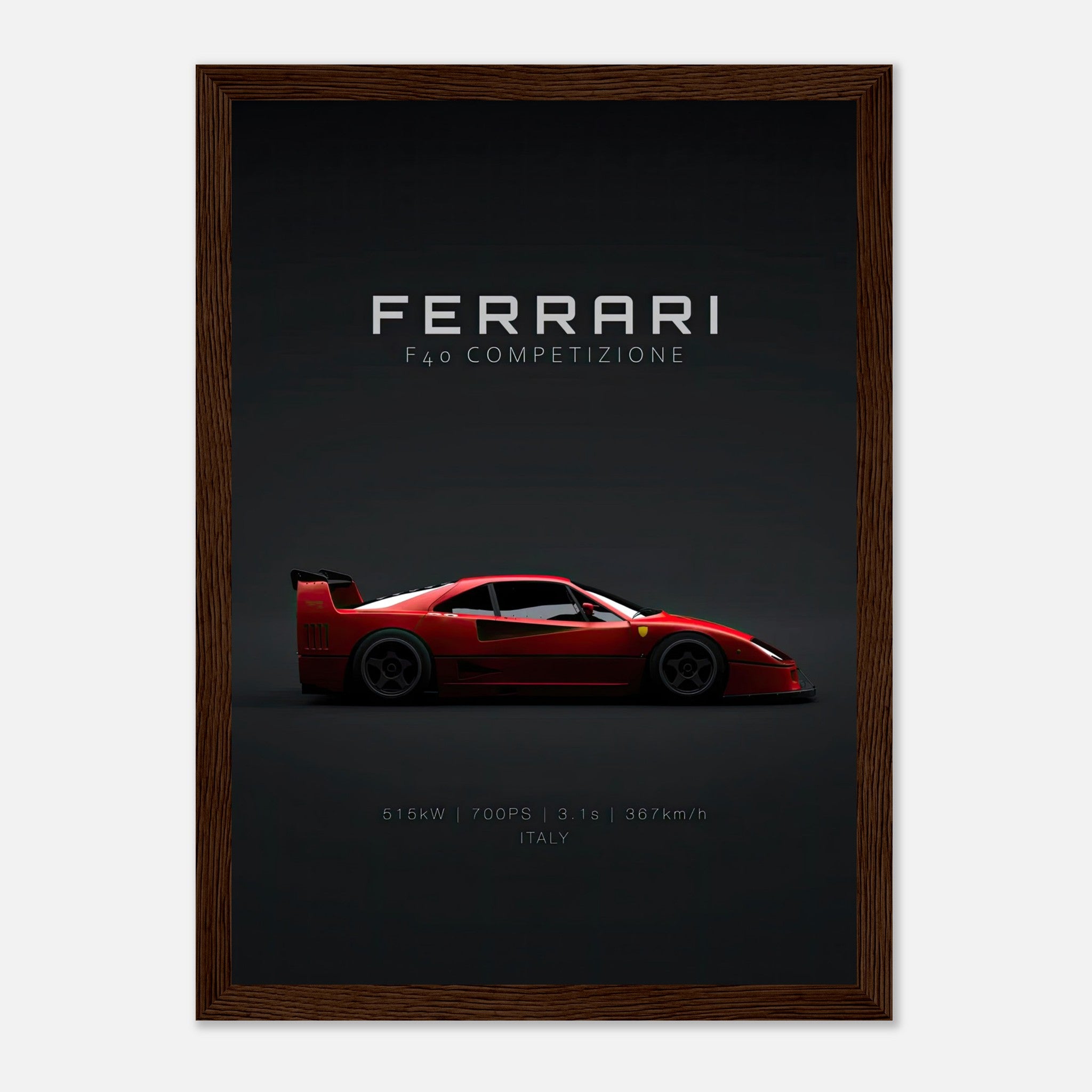 Ferrari F40 Competizione framed poster showcasing vibrant red supercar on a minimalist dark backdrop.