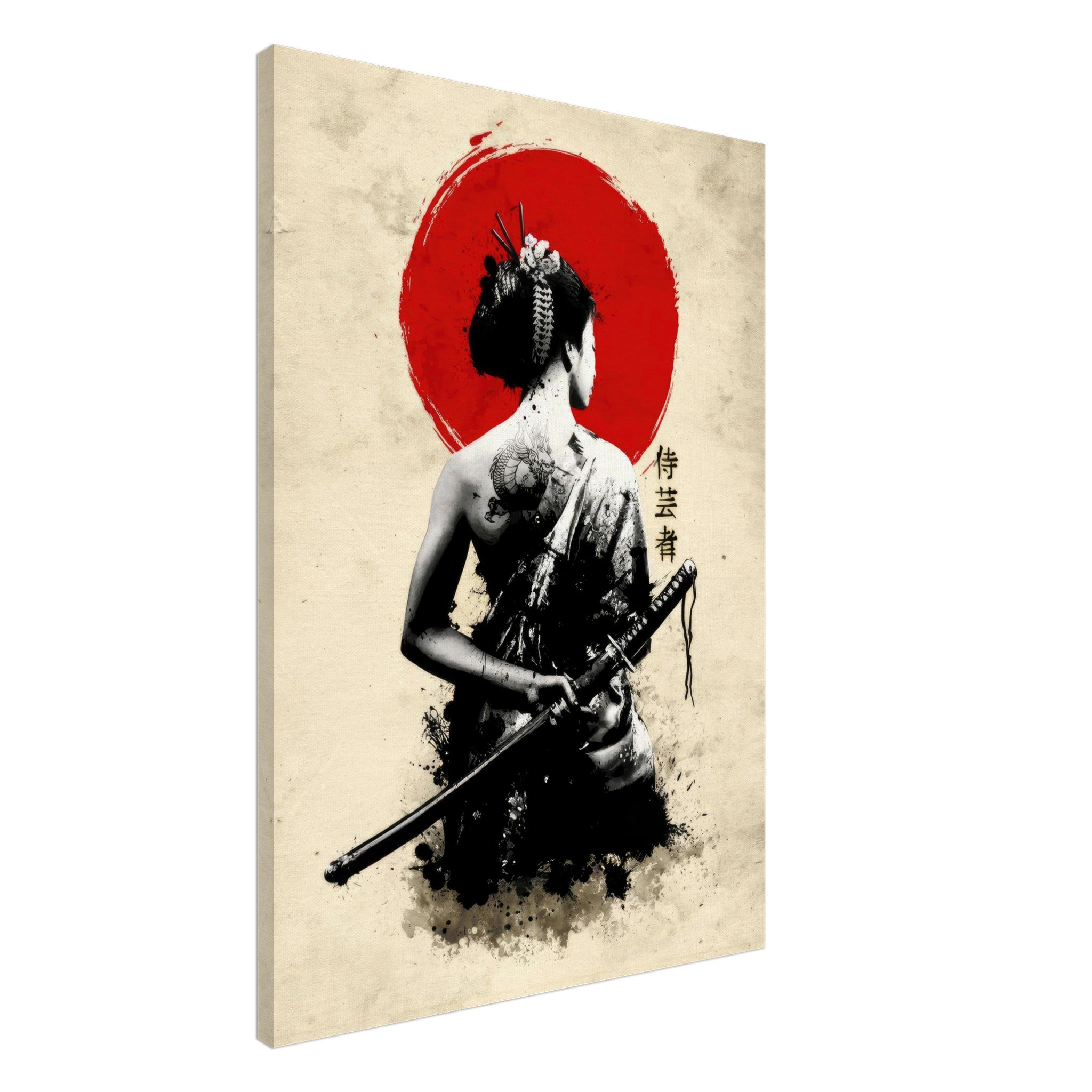 The Samurai Geisha Canvas artwork featuring a geisha with a katana and a bold red sun backdrop.
