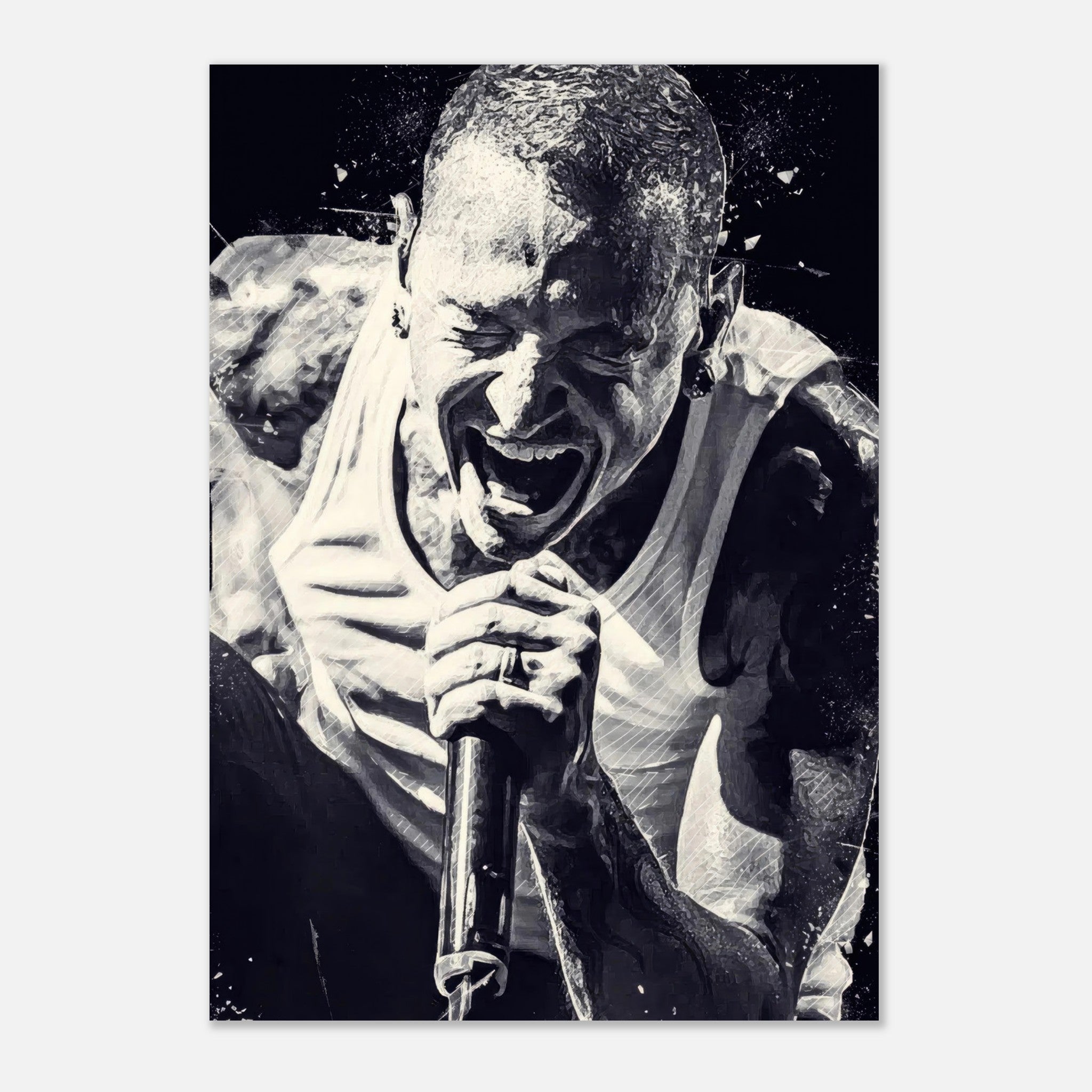 Chester Bennington metal print capturing the intensity of the Linkin Park frontman in a stunning black-and-white portrait.