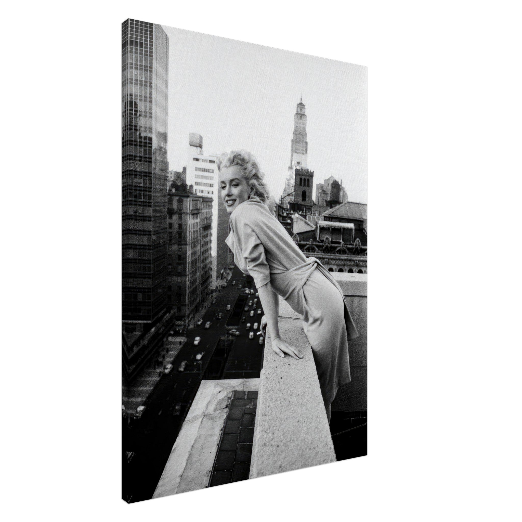 Marilyn Monroe gazing over New York rooftops in a classic black-and-white canvas art piece.