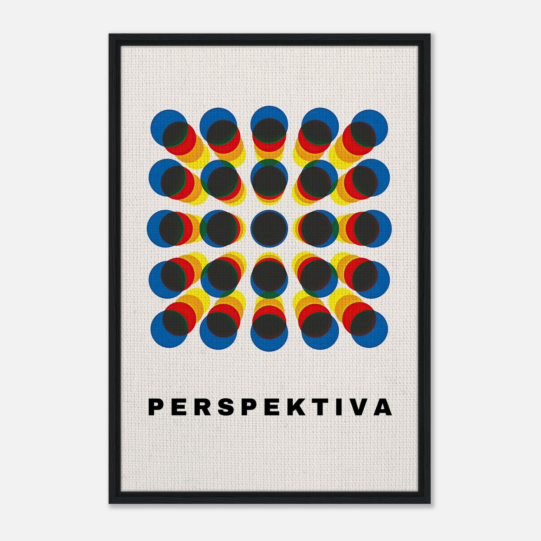Perspective Abstract Art framed print with a geometric pattern in blue, yellow, and red hues.