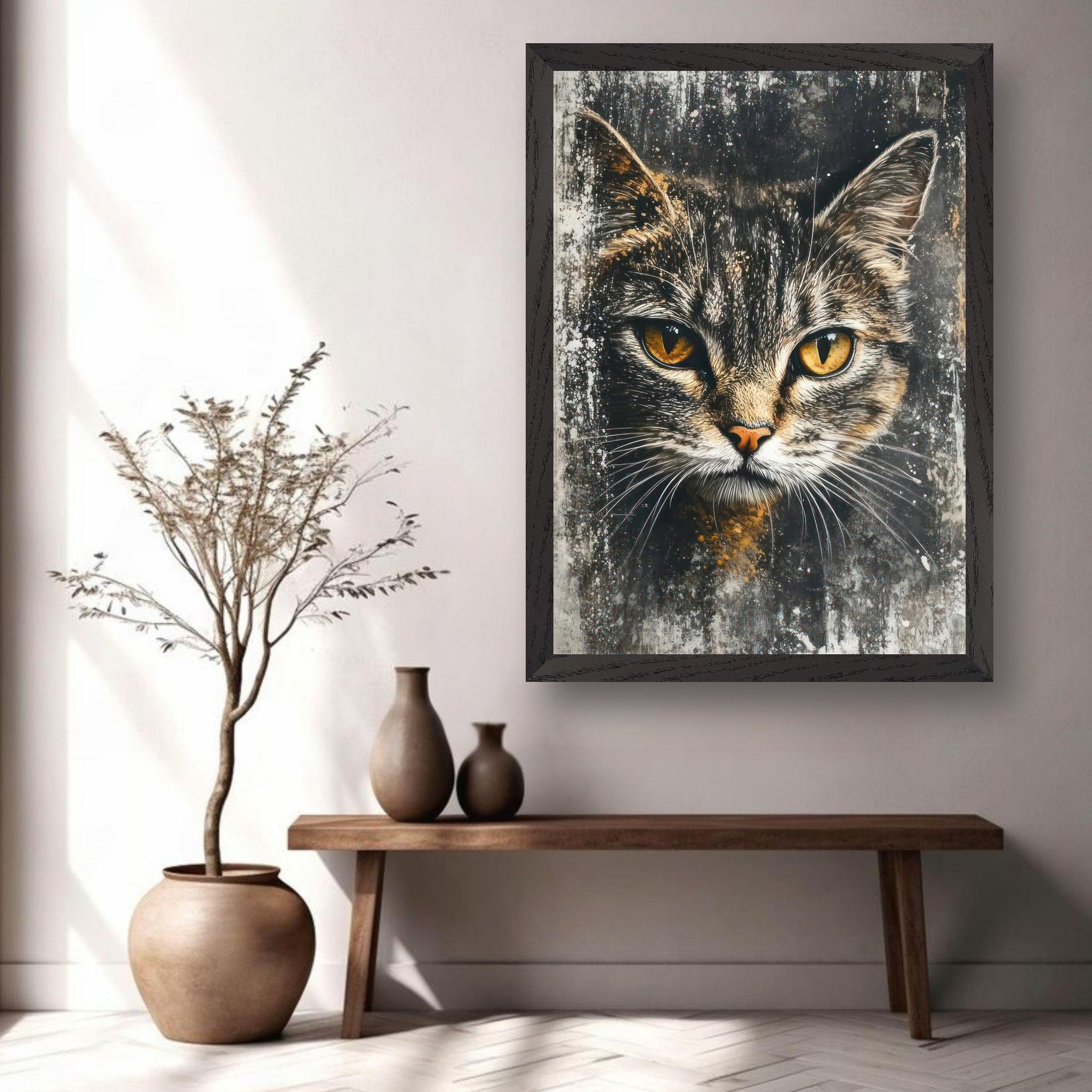 Vintage cat painting artwork featuring a feline with striking golden eyes in a stylish framed print, enhancing home decor.