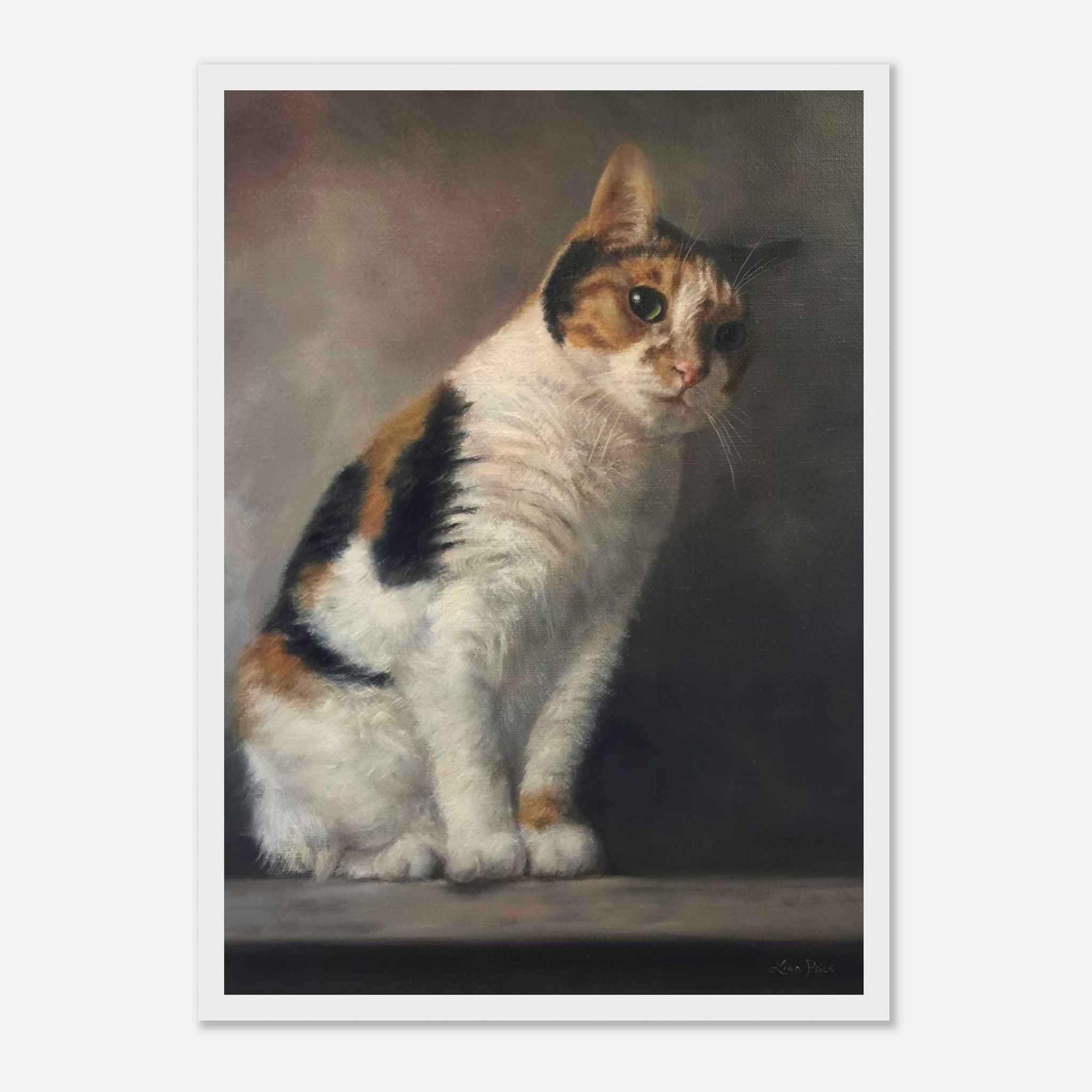 Realistic cat portrait painting framed print showcasing lifelike details and soulful expression.