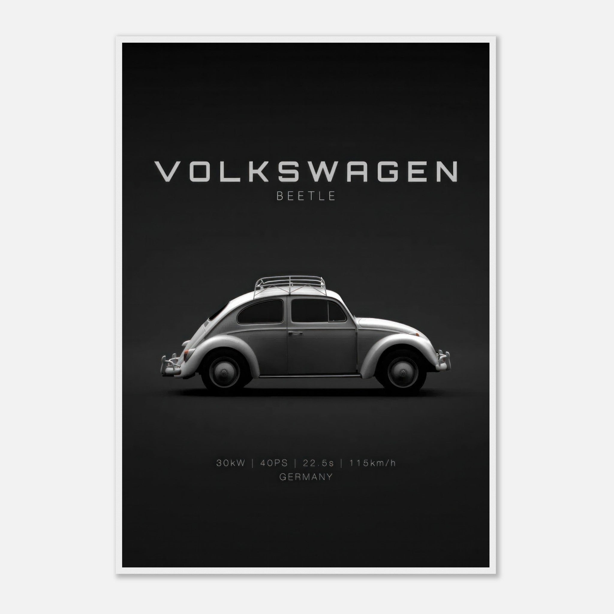 Framed poster of Volkswagen Beetle featuring sleek side profile on a minimalist black background.