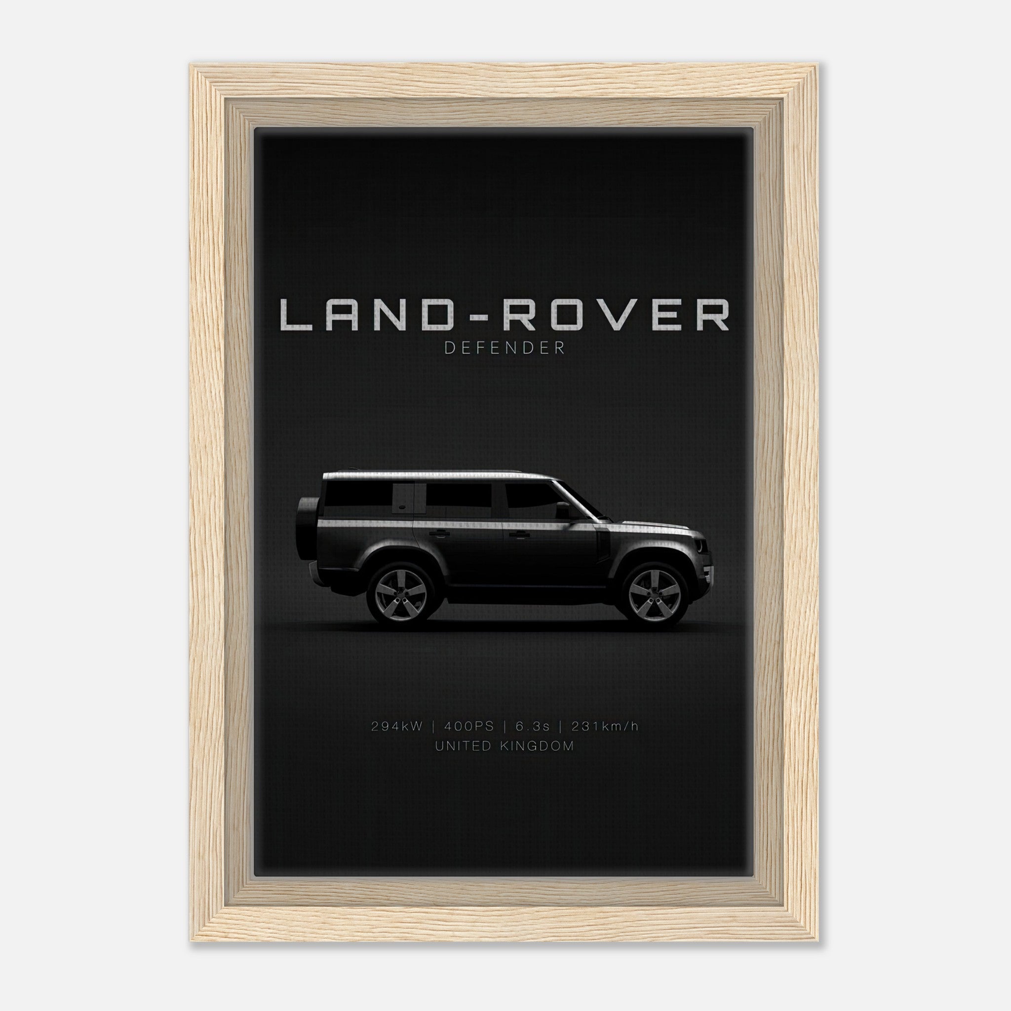Framed canvas print of Land Rover Defender with detailed side profile on black background.