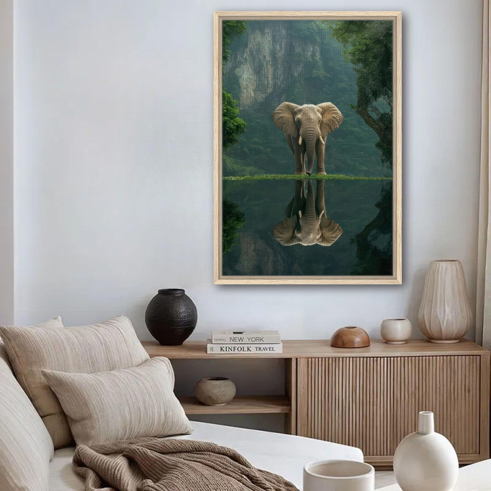 Jungle Elephant Portrait Framed Canvas Print showcasing an elephant near reflective water in a serene indoor setting.