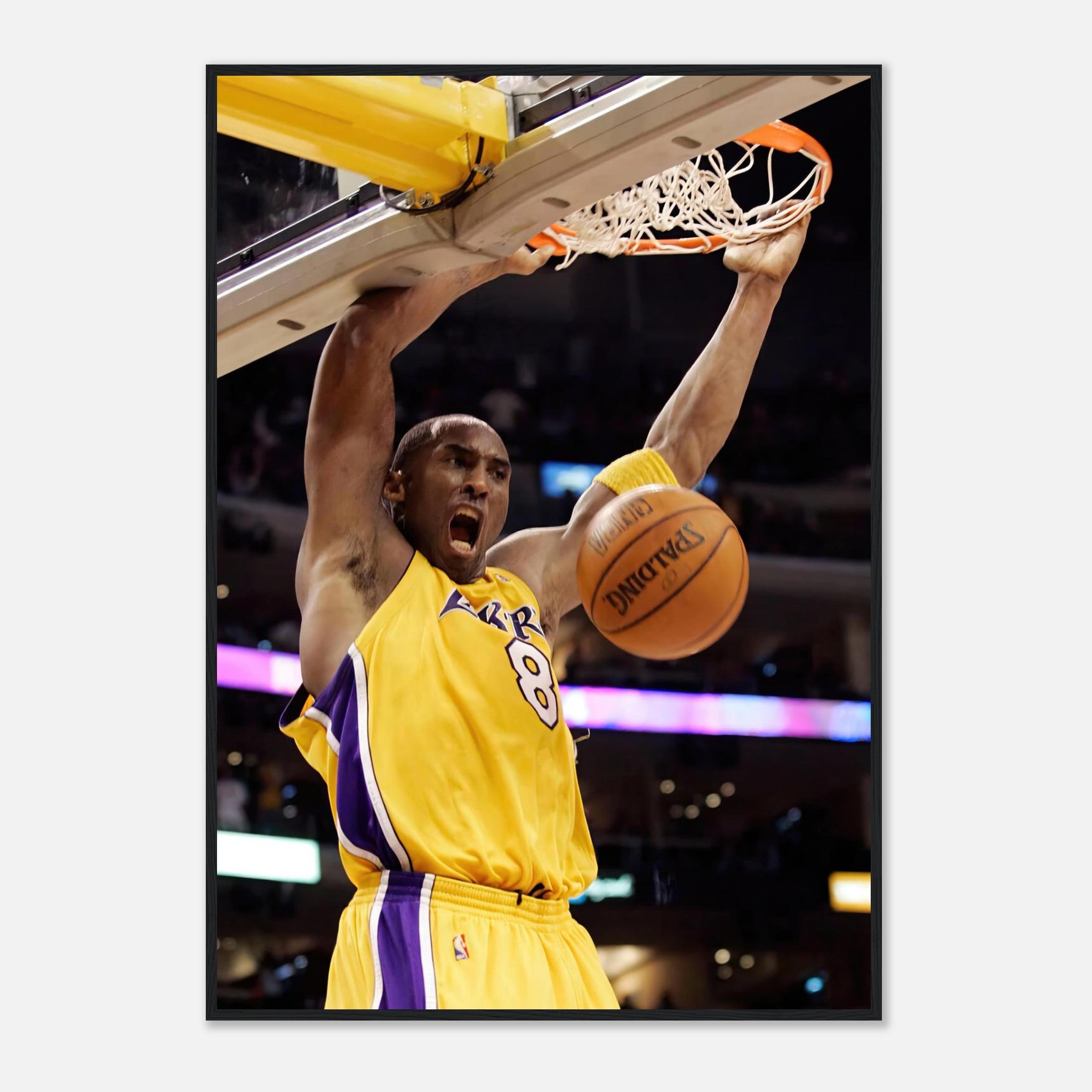 Kobe Bryant framed print showcasing his iconic slam dunk in Lakers colors.