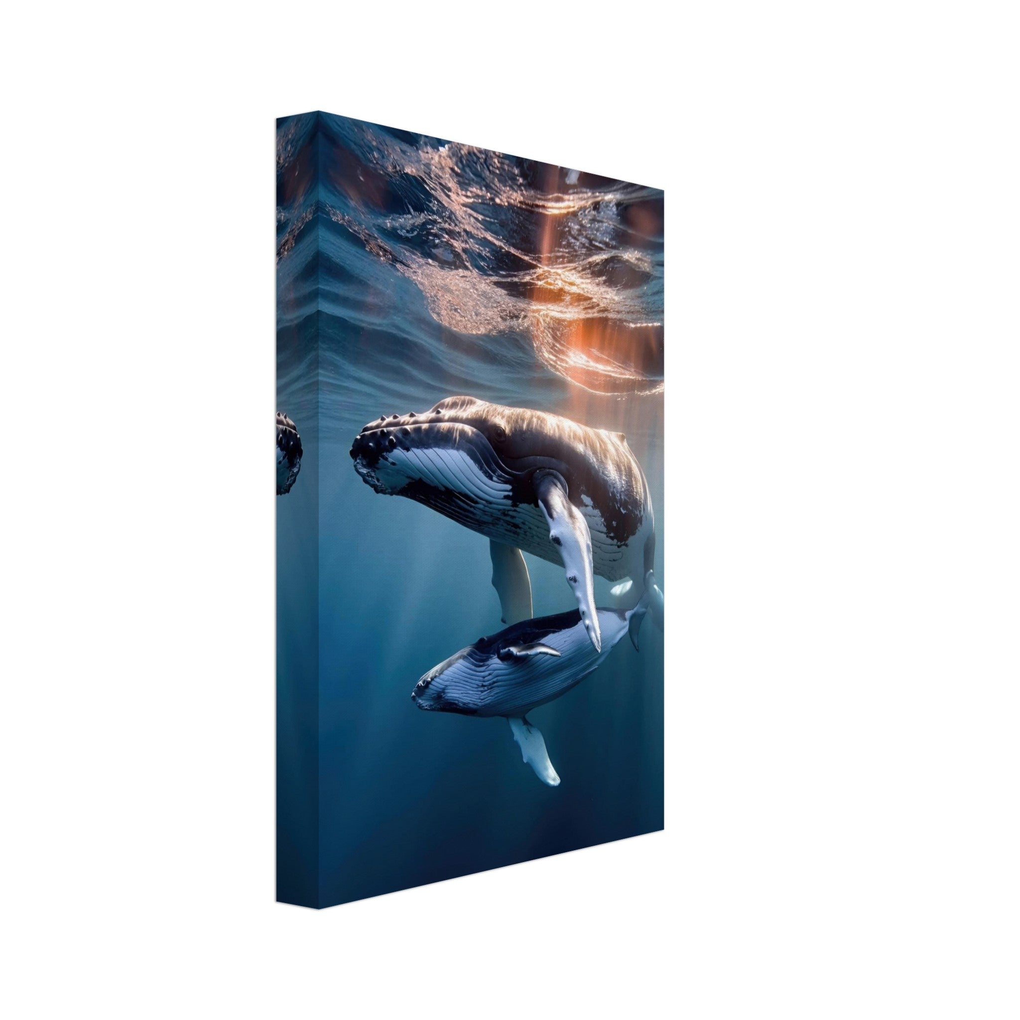 Underwater photography canvas print of a humpback whale and calf swimming peacefully in the ocean.