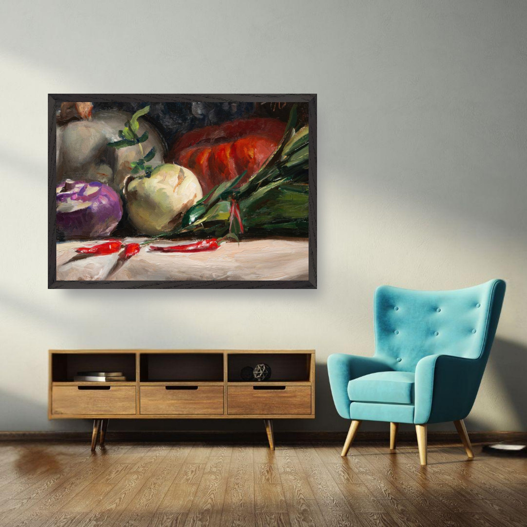 Oil painting of kohlrabi, pumpkins, and chilis displayed in a modern living room with teal chair.
