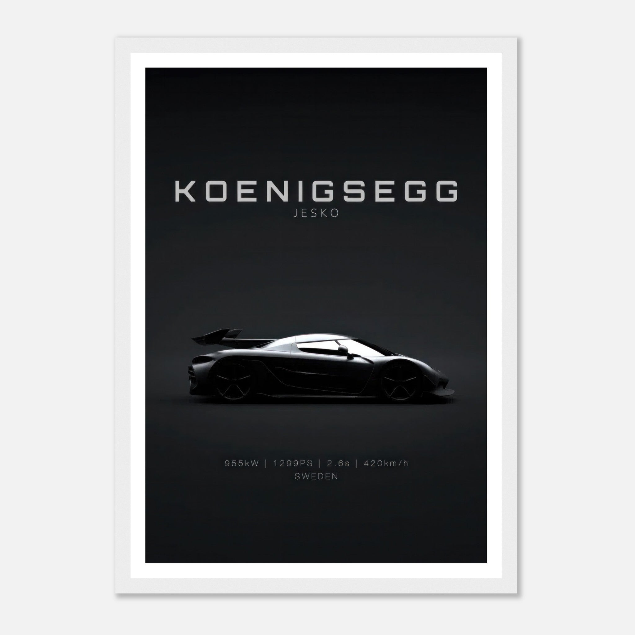 Koenigsegg Jesko framed poster showcasing the sleek hypercar silhouette on a minimalist black background.
