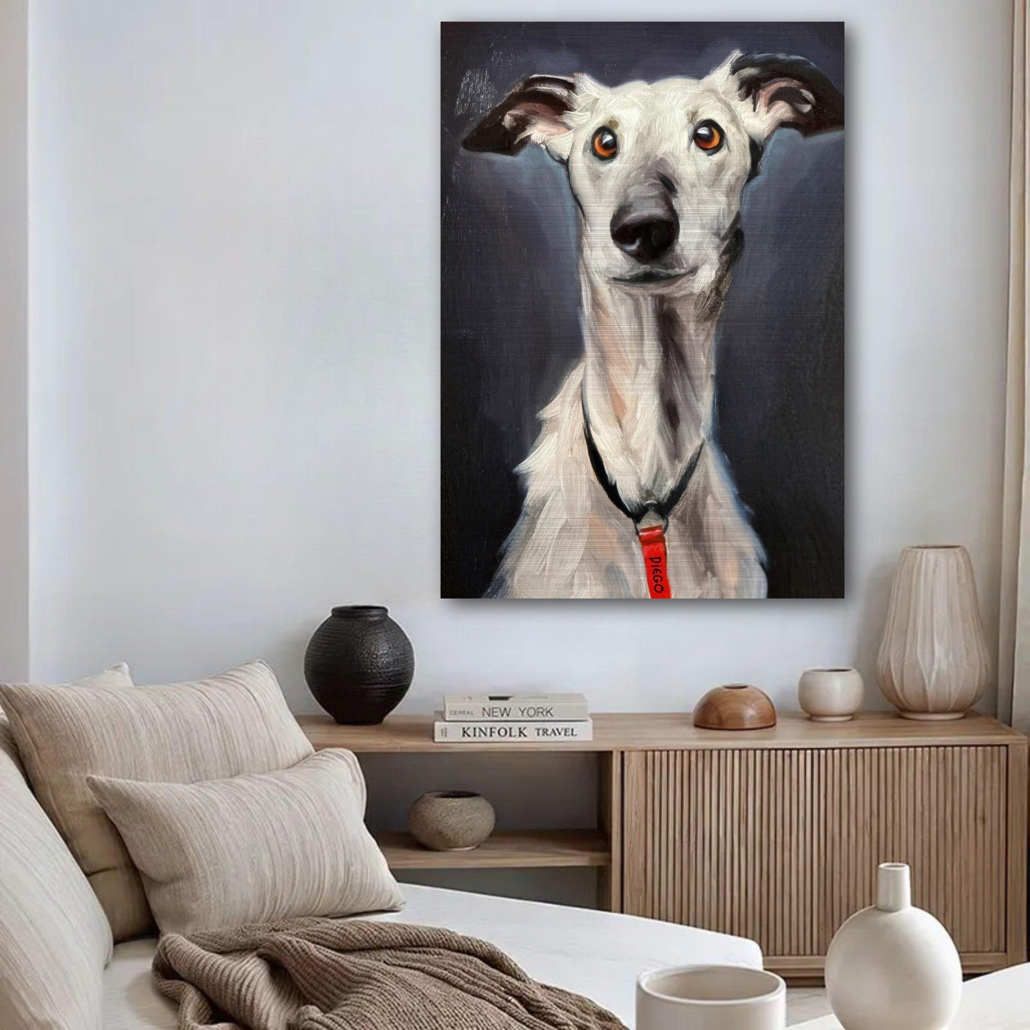 Greyhound dog painting on brushed metal displayed in a modern living room setting showcasing elegance and charm.