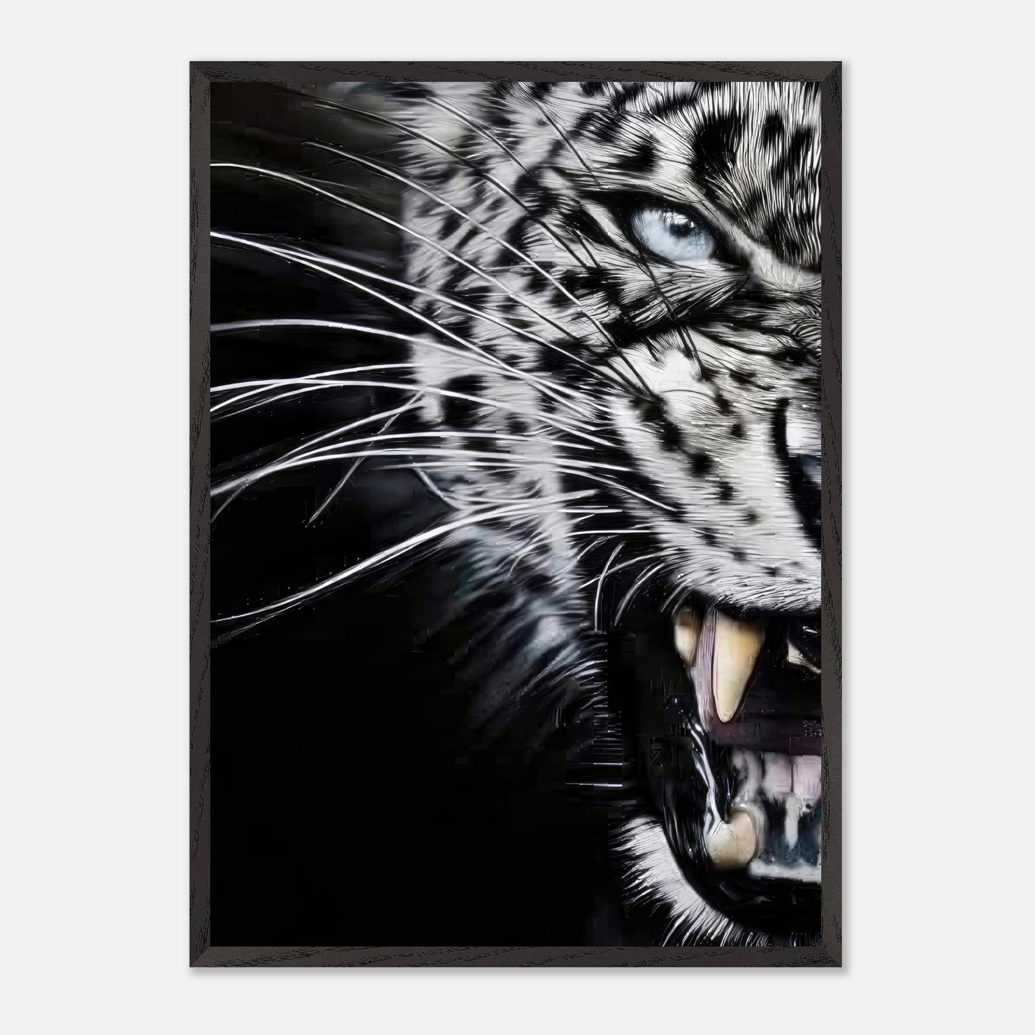Close-up portrait of a fierce leopard with piercing blue eyes and sharp fangs in a vintage frame.