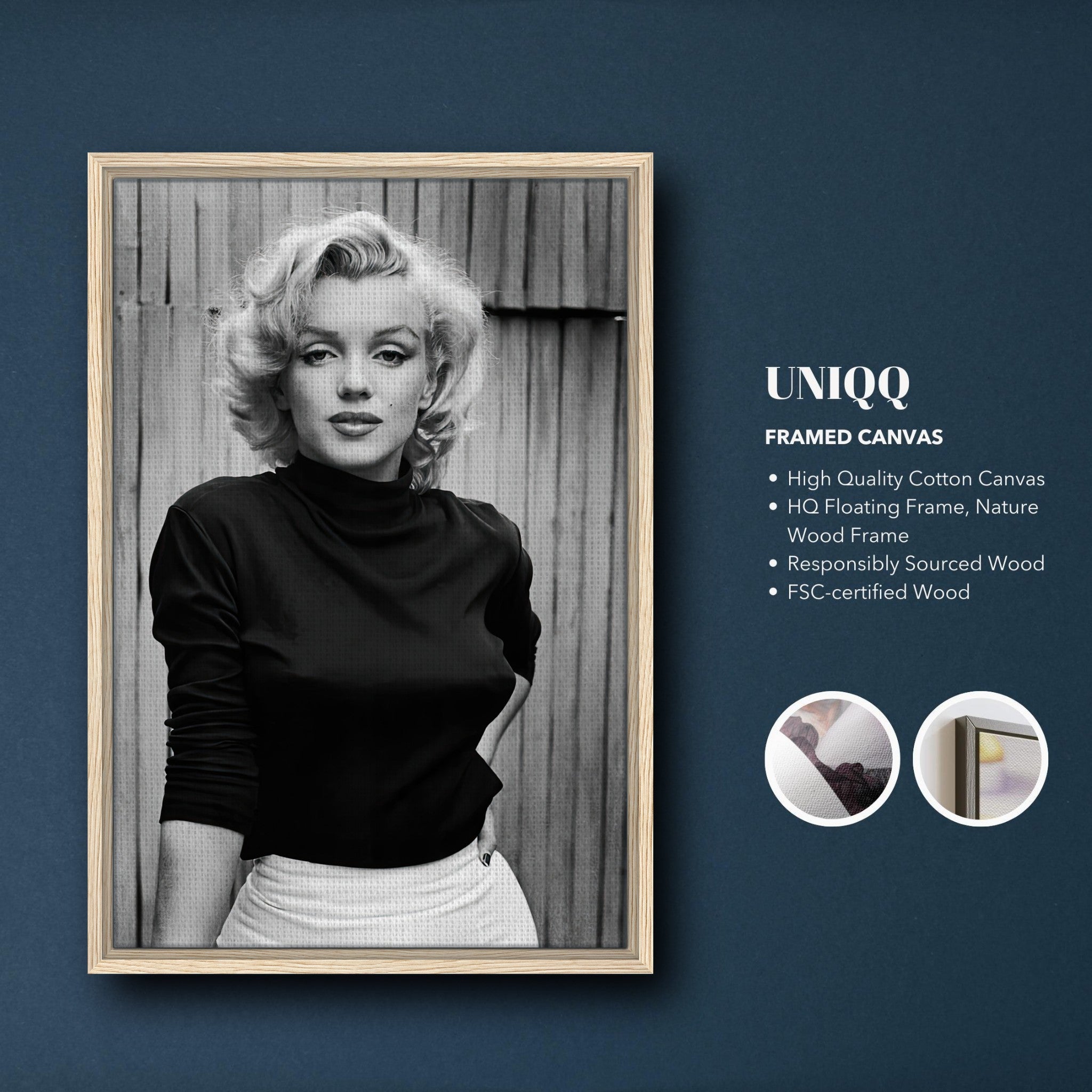 Framed canvas print of Marilyn Monroe, showcasing timeless elegance and iconic beauty in black and white.